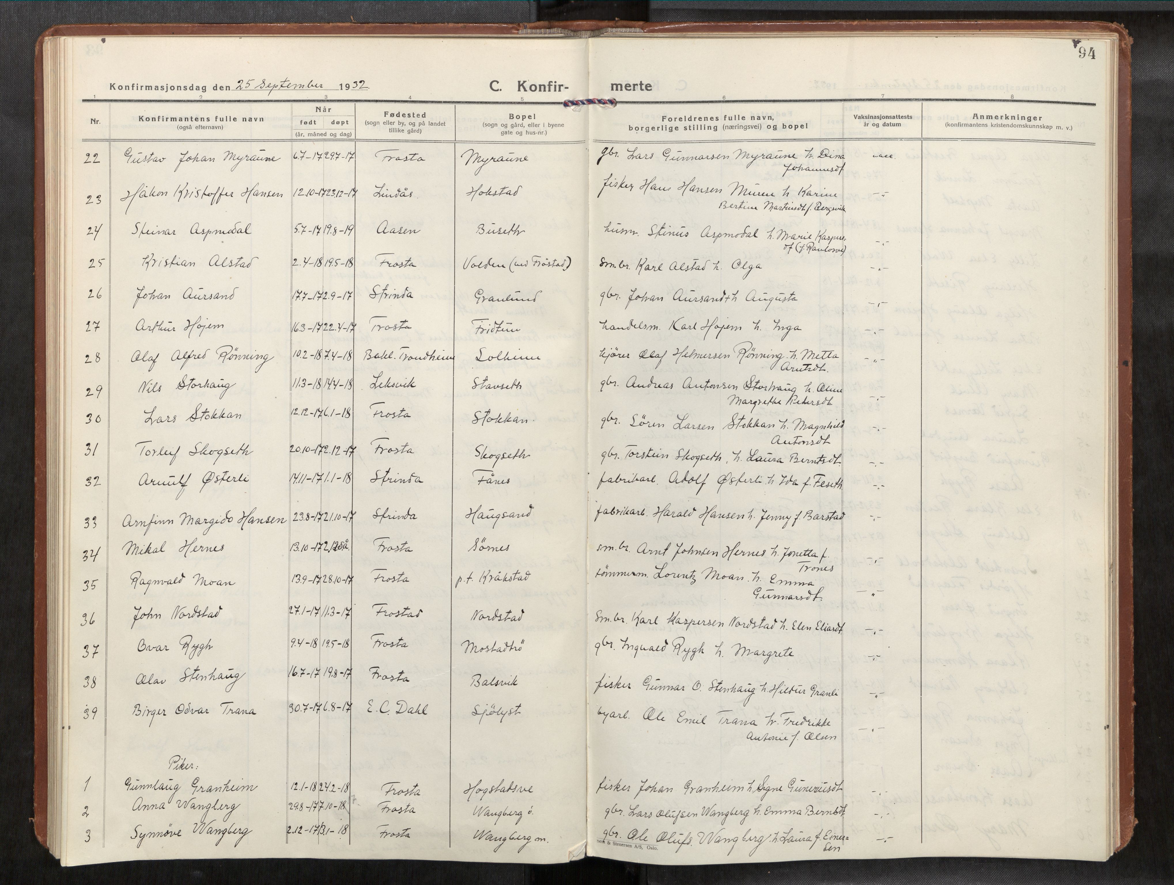 Frosta sokneprestkontor, AV/SAT-A-4380/2/H/Haa/L0001: Parish register (official) no. 1, 1926-1934, p. 94