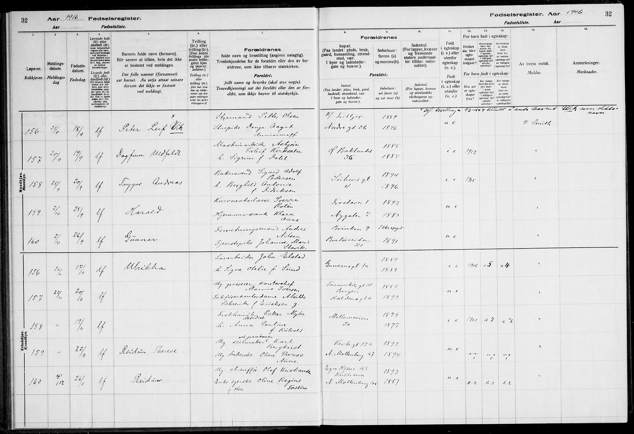 Ministerialprotokoller, klokkerbøker og fødselsregistre - Sør-Trøndelag, AV/SAT-A-1456/600/L0002: Birth register no. 600.II.4.1, 1916-1920, p. 32