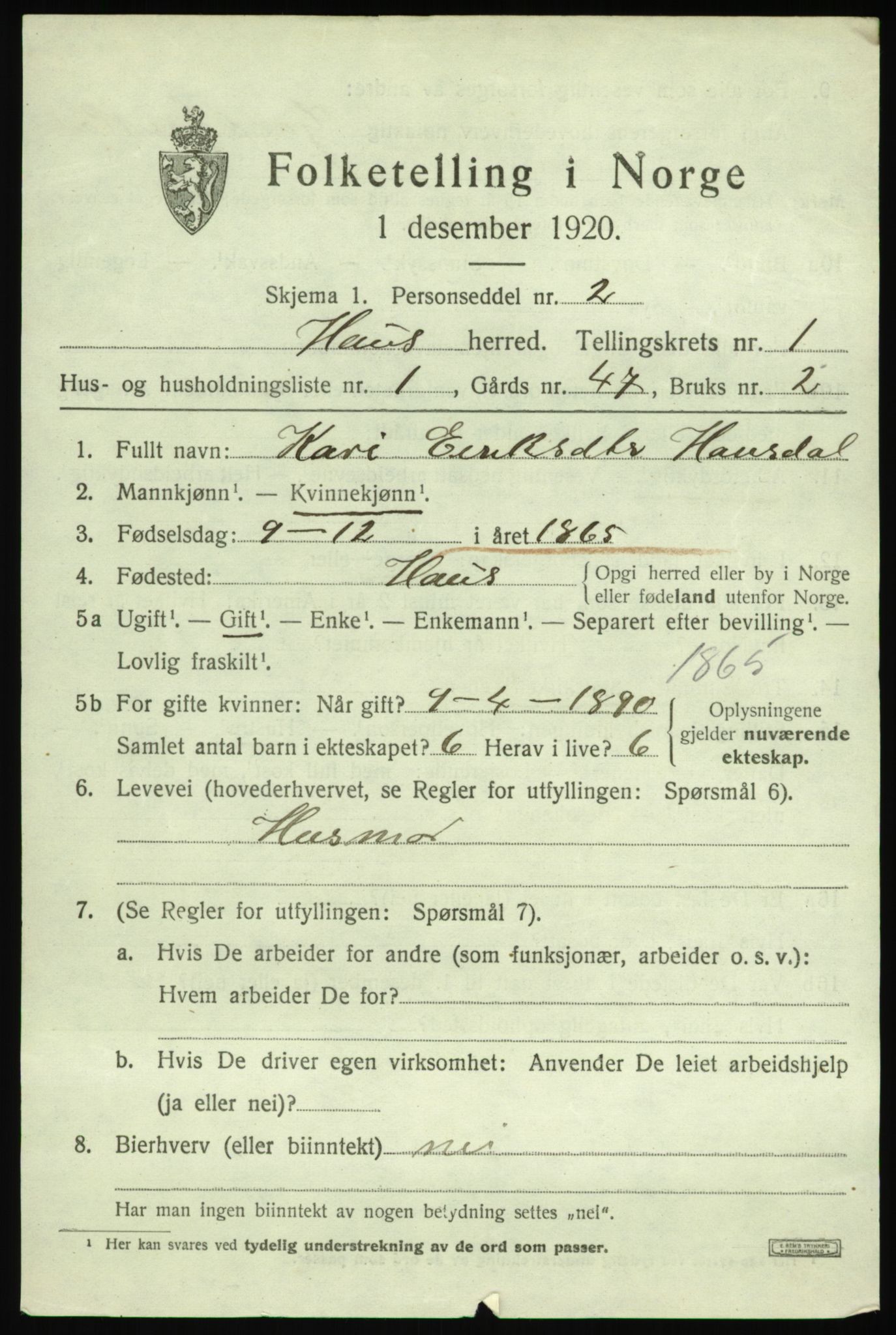 SAB, 1920 census for Haus, 1920, p. 1699