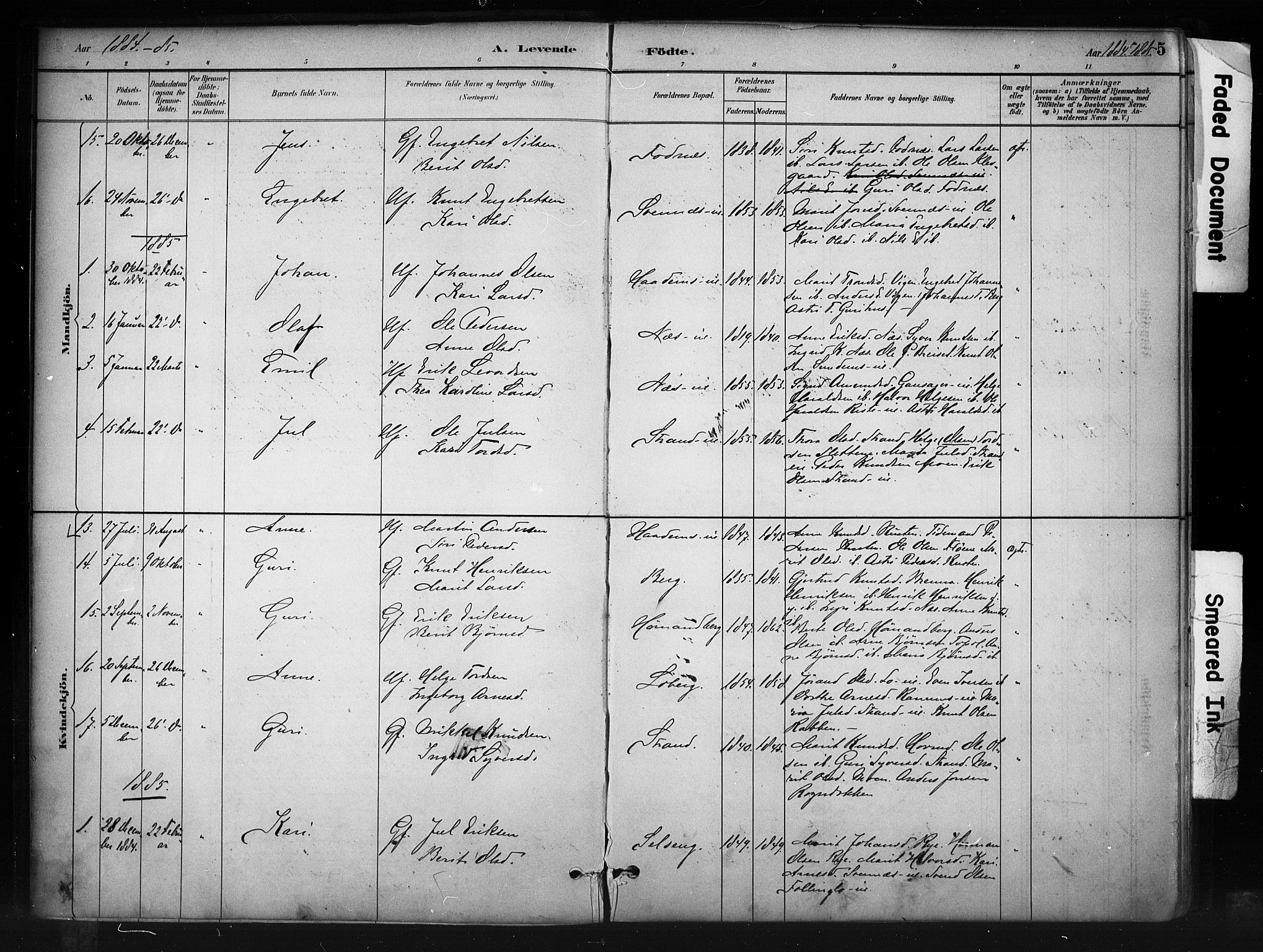 Nord-Aurdal prestekontor, SAH/PREST-132/H/Ha/Haa/L0010: Parish register (official) no. 10, 1883-1896, p. 5