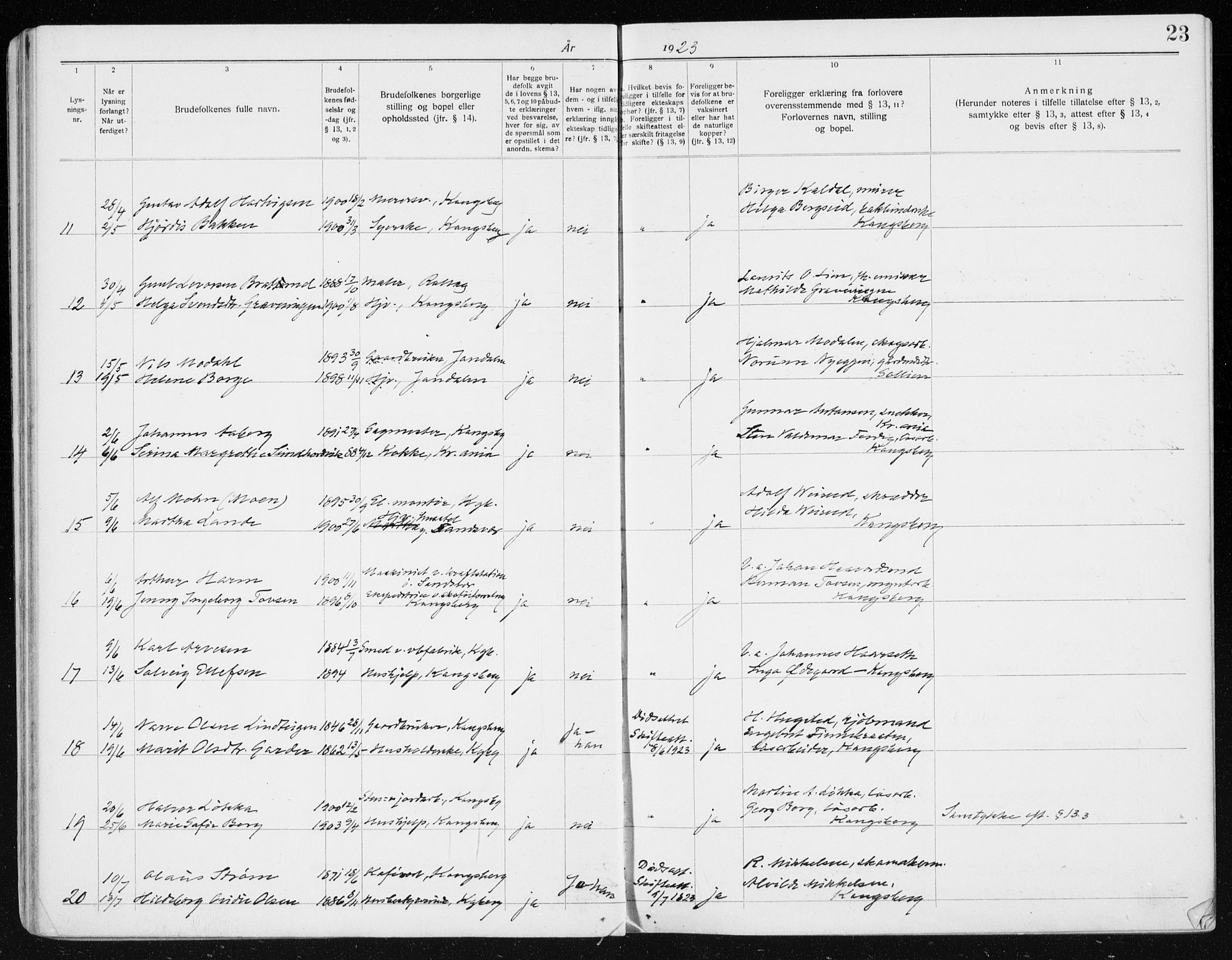 Kongsberg kirkebøker, SAKO/A-22/H/Ha/L0001: Banns register no. 1, 1919-1939, p. 23