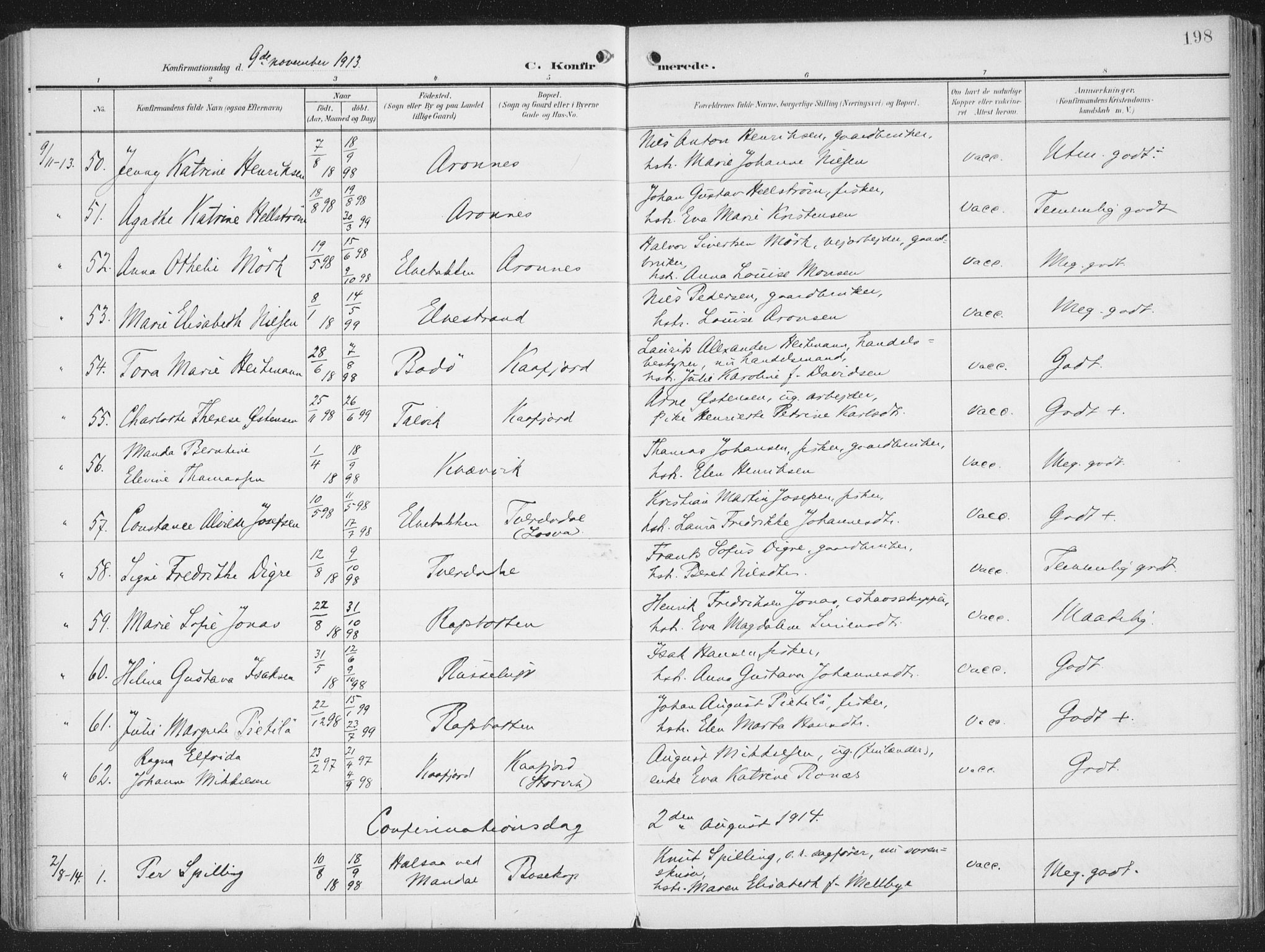 Alta sokneprestkontor, SATØ/S-1338/H/Ha/L0005.kirke: Parish register (official) no. 5, 1904-1918, p. 198