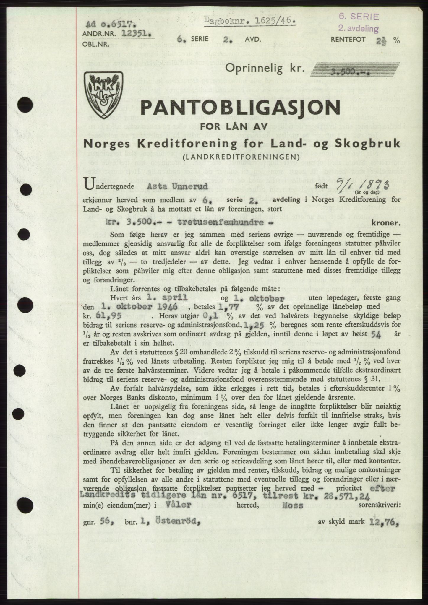 Moss sorenskriveri, AV/SAO-A-10168: Mortgage book no. B15, 1946-1946, Diary no: : 1625/1946