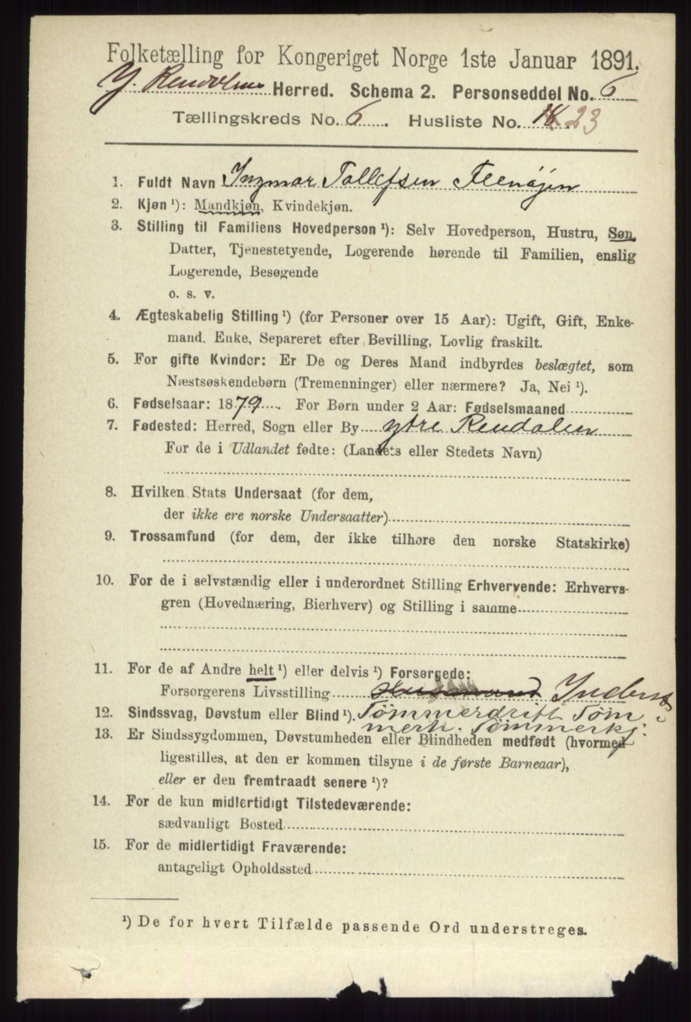 RA, 1891 census for 0432 Ytre Rendal, 1891, p. 1816