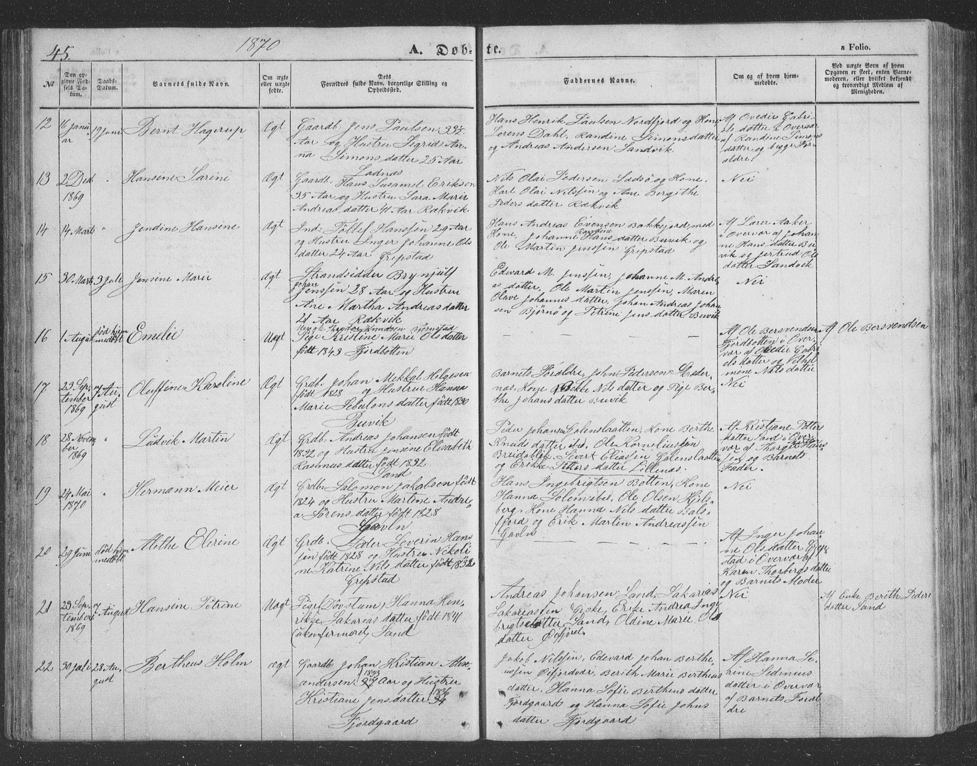 Lenvik sokneprestembete, SATØ/S-1310/H/Ha/Hab/L0020klokker: Parish register (copy) no. 20, 1855-1883, p. 45