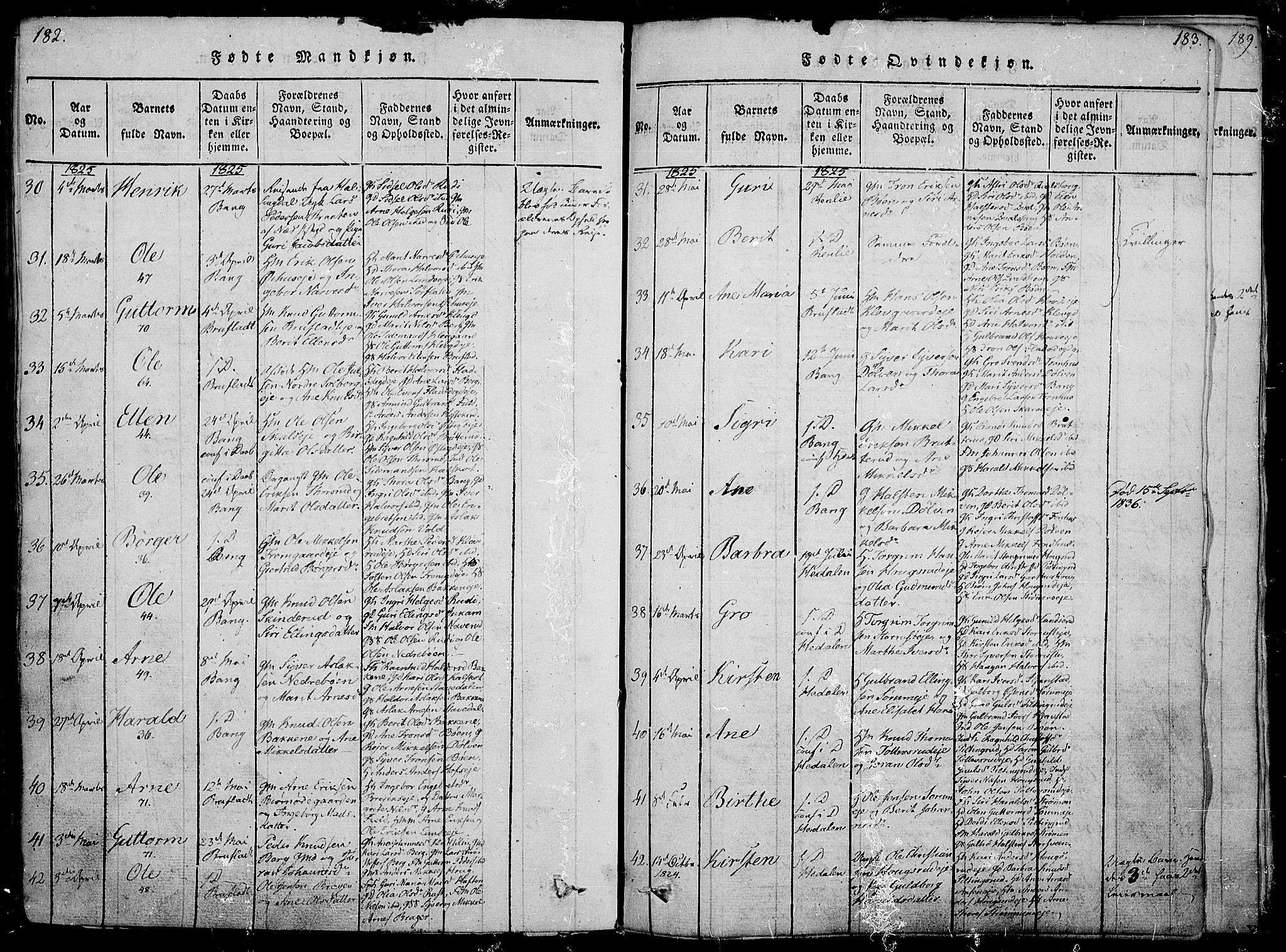 Sør-Aurdal prestekontor, AV/SAH-PREST-128/H/Ha/Haa/L0002: Parish register (official) no. 2, 1815-1840, p. 182-183