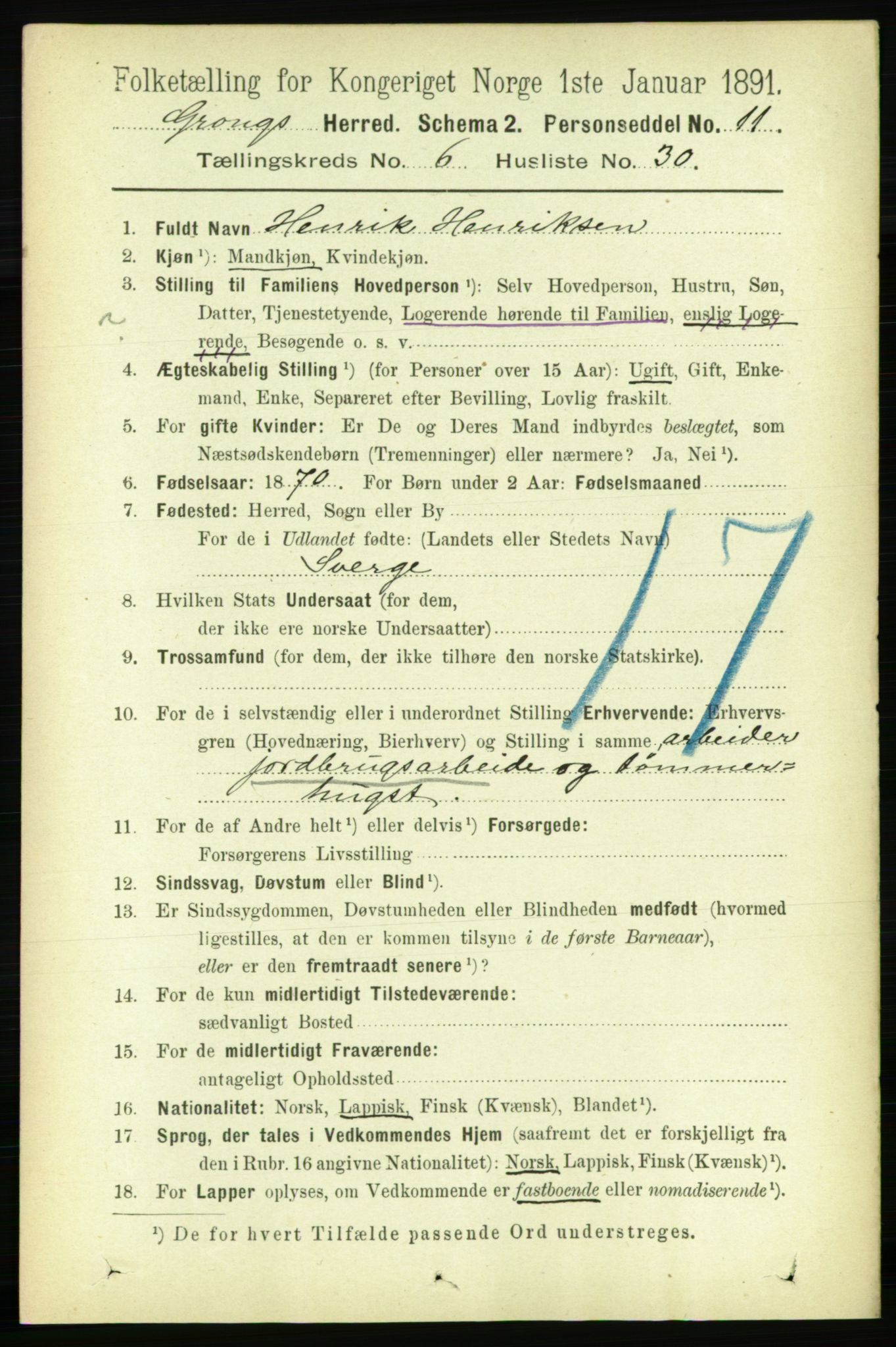 RA, 1891 census for 1742 Grong, 1891, p. 2539