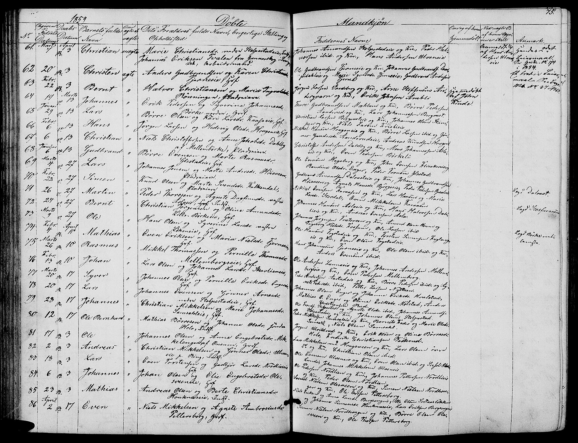 Ringsaker prestekontor, SAH/PREST-014/L/La/L0006: Parish register (copy) no. 6, 1851-1860, p. 75