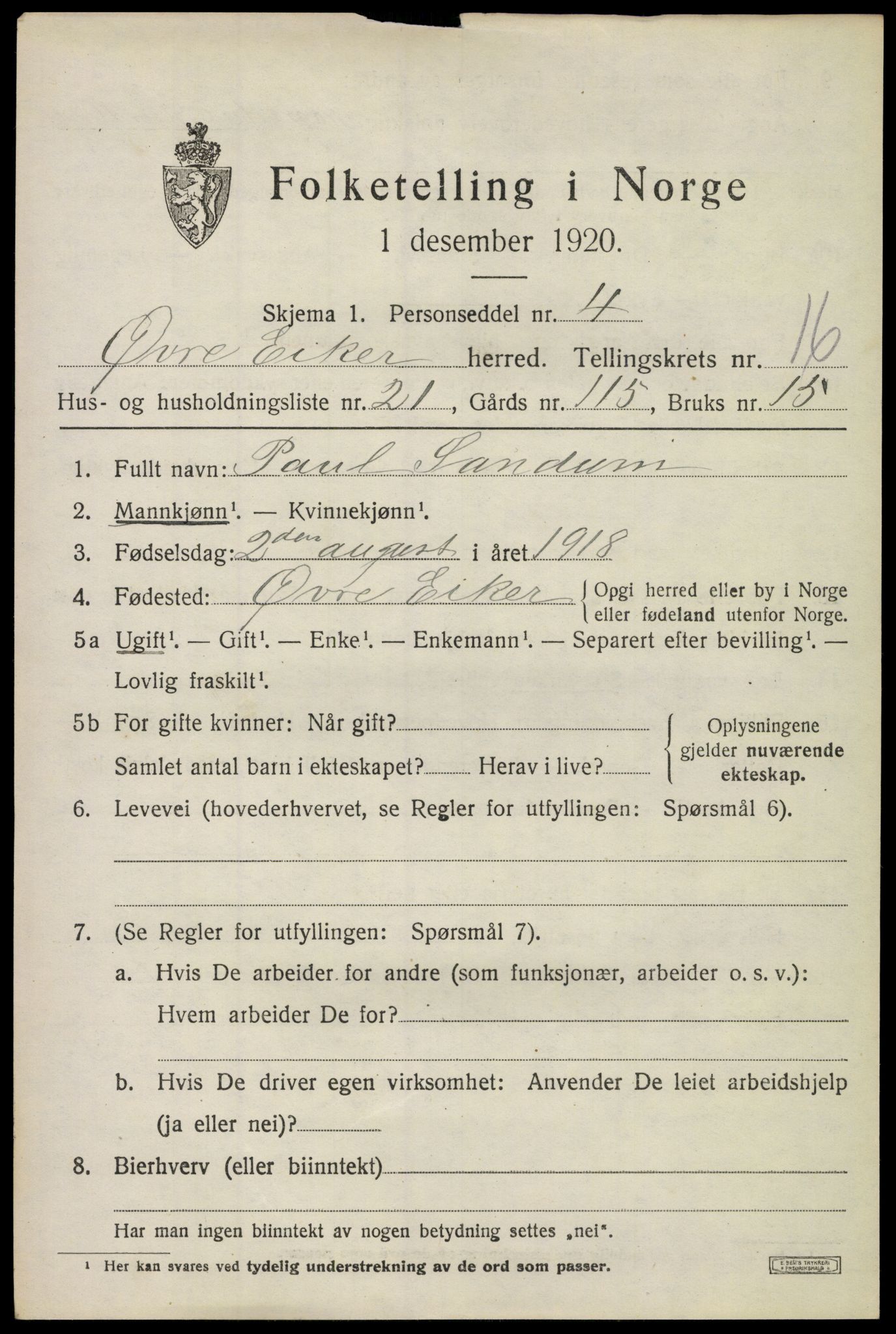 SAKO, 1920 census for Øvre Eiker, 1920, p. 21218