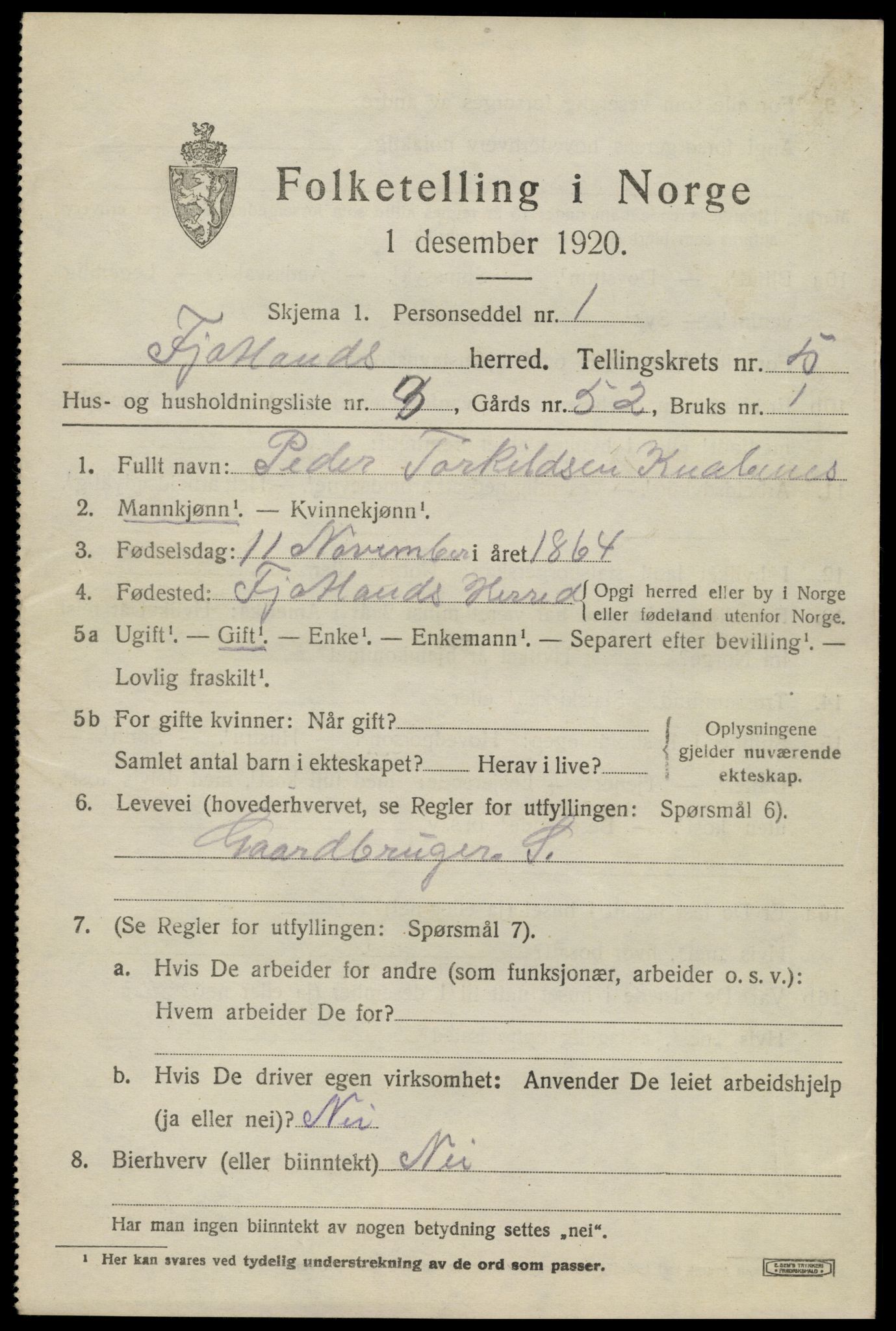SAK, 1920 census for Fjotland, 1920, p. 1548