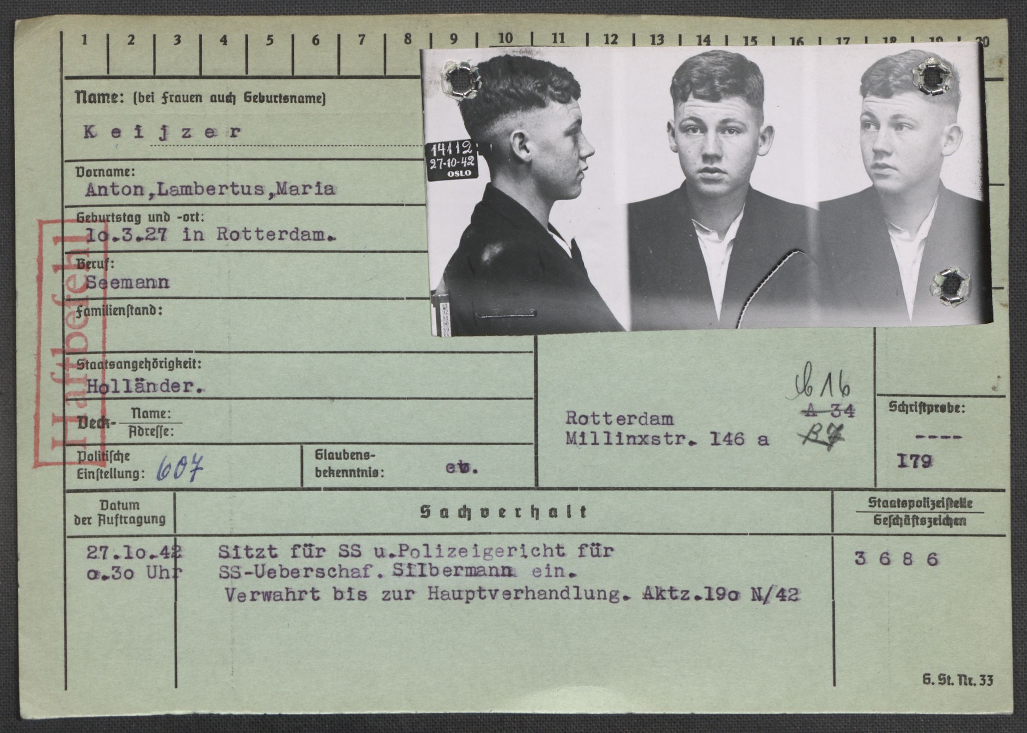 Befehlshaber der Sicherheitspolizei und des SD, RA/RAFA-5969/E/Ea/Eaa/L0005: Register over norske fanger i Møllergata 19: Hø-Kj, 1940-1945, p. 1313