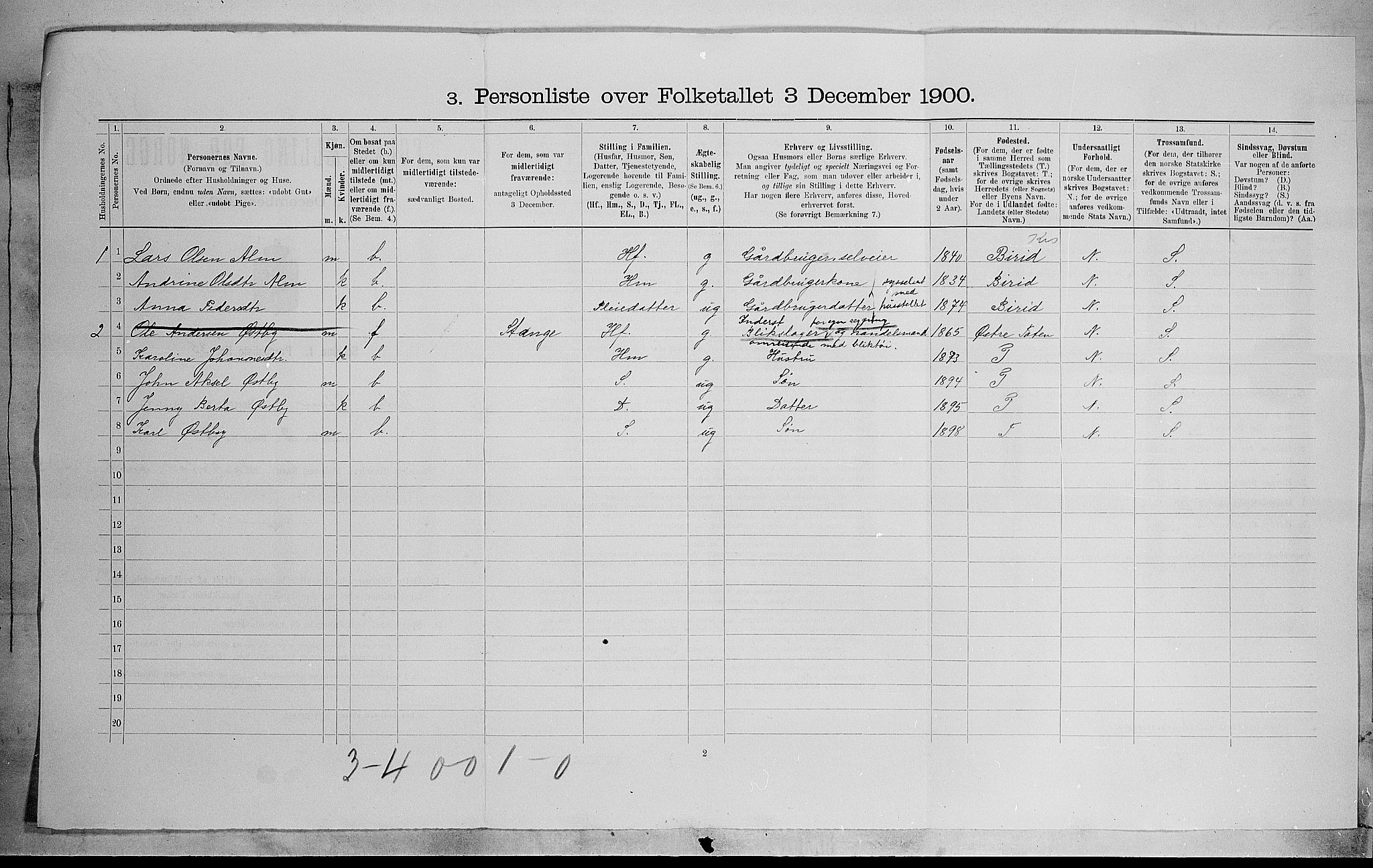 SAH, 1900 census for Vestre Toten, 1900, p. 68