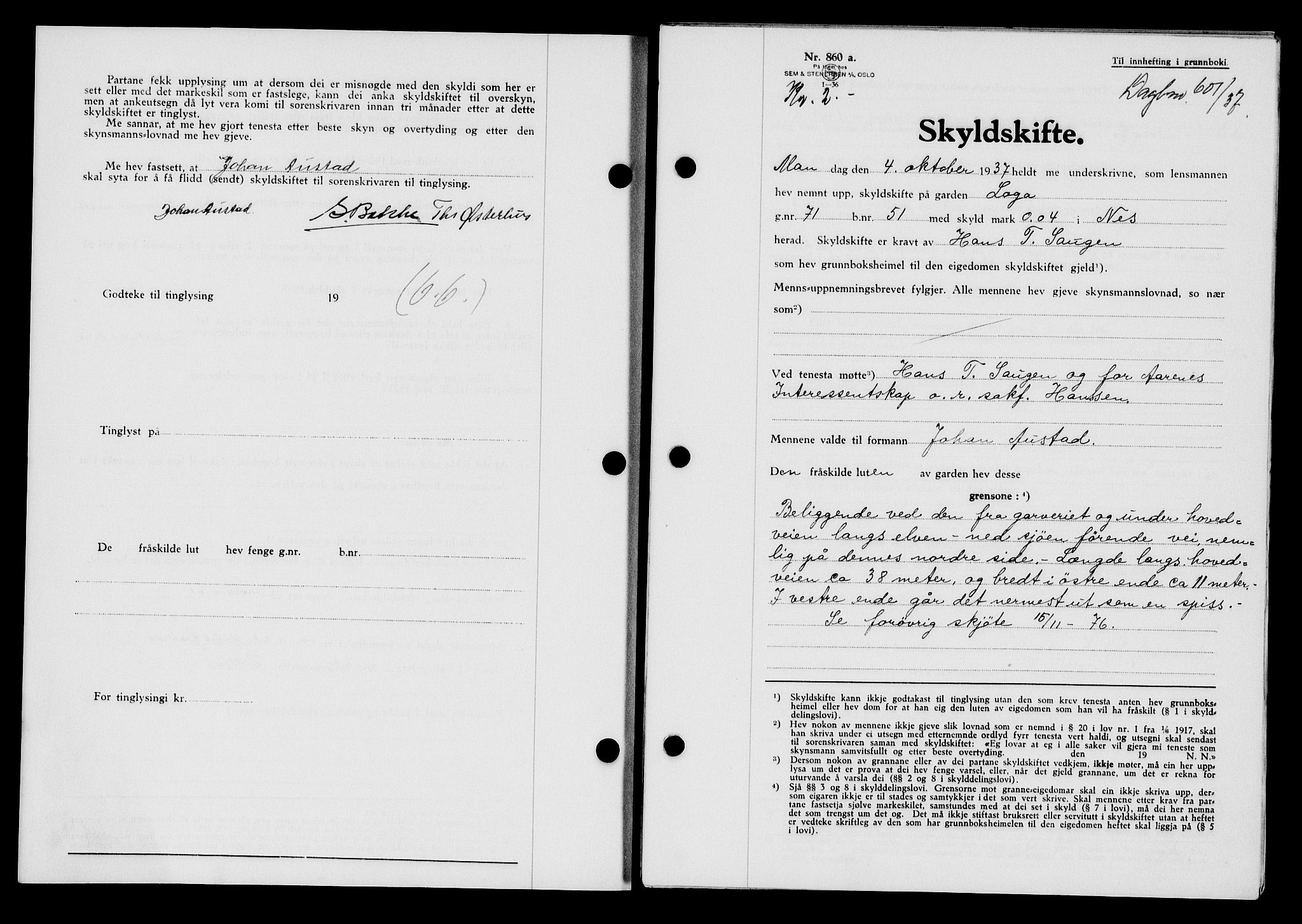 Flekkefjord sorenskriveri, SAK/1221-0001/G/Gb/Gba/L0054: Mortgage book no. A-2, 1937-1938, Diary no: : 601/1937