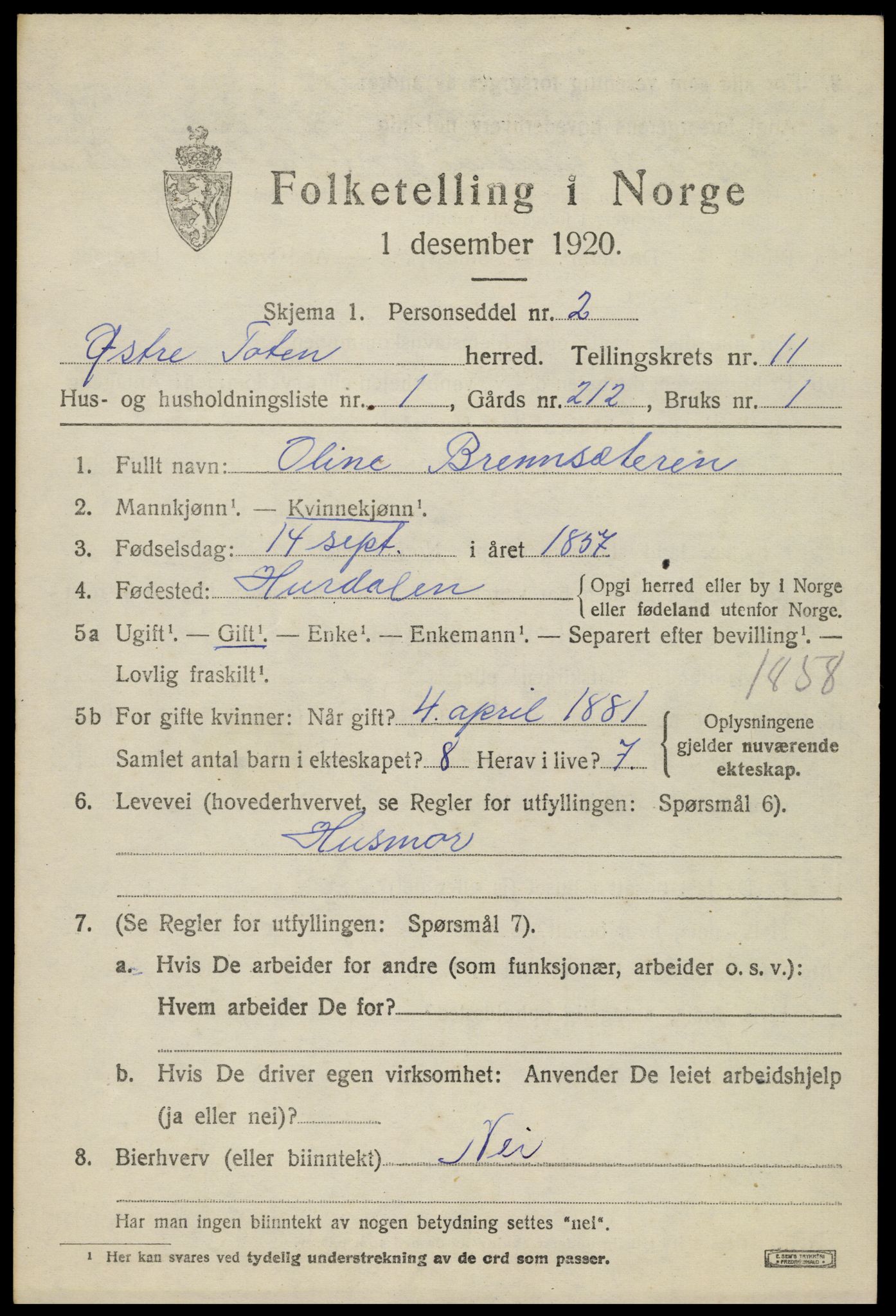 SAH, 1920 census for Østre Toten, 1920, p. 22050