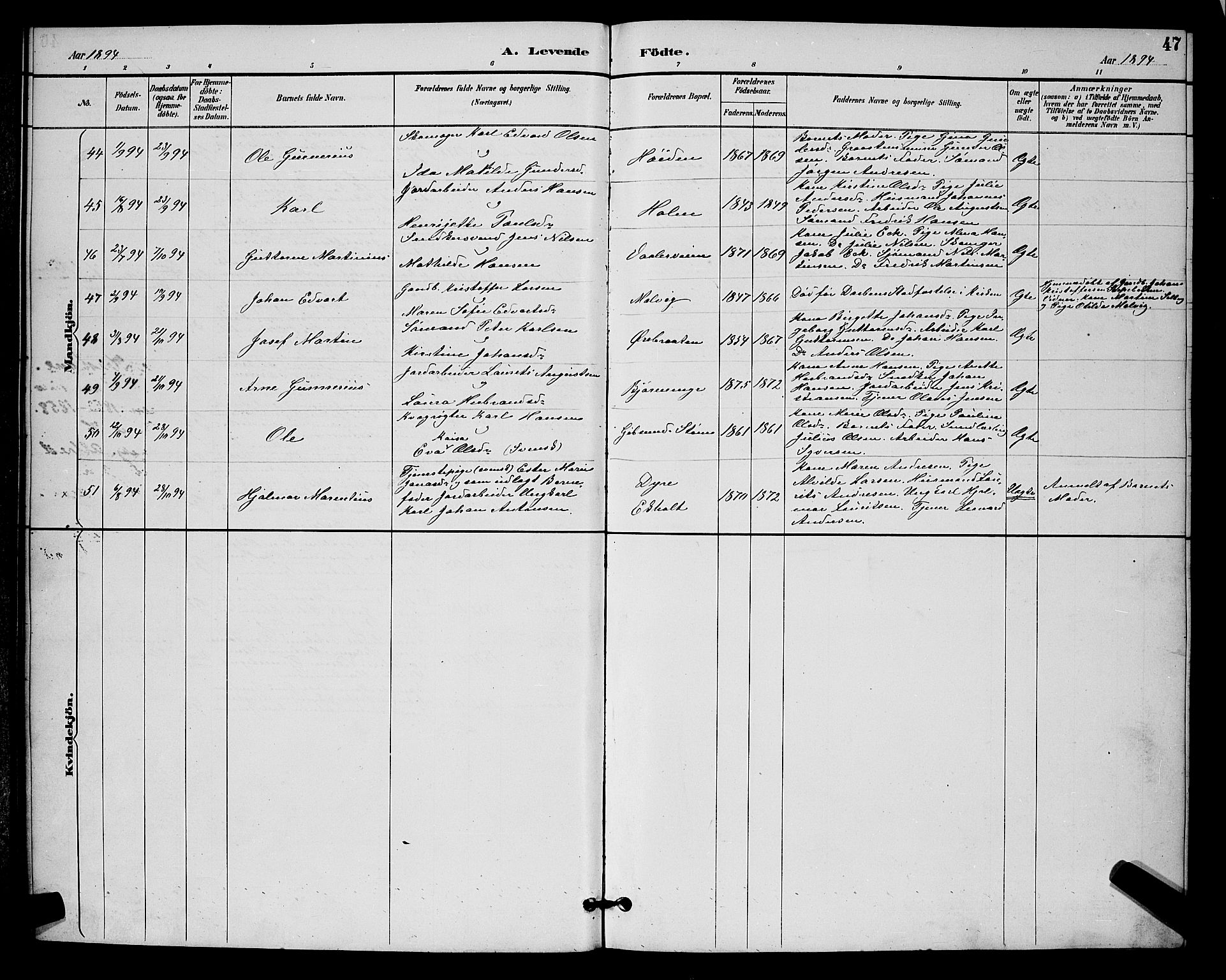 Rygge prestekontor Kirkebøker, AV/SAO-A-10084b/G/Ga/L0002: Parish register (copy) no. 2, 1887-1905, p. 47