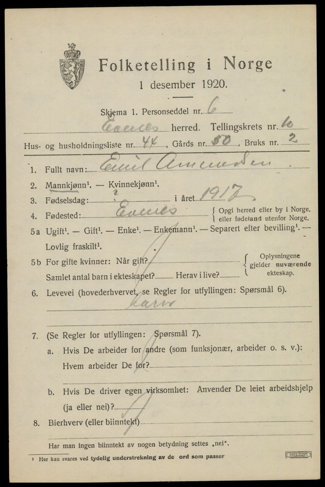 SAT, 1920 census for Evenes, 1920, p. 10582