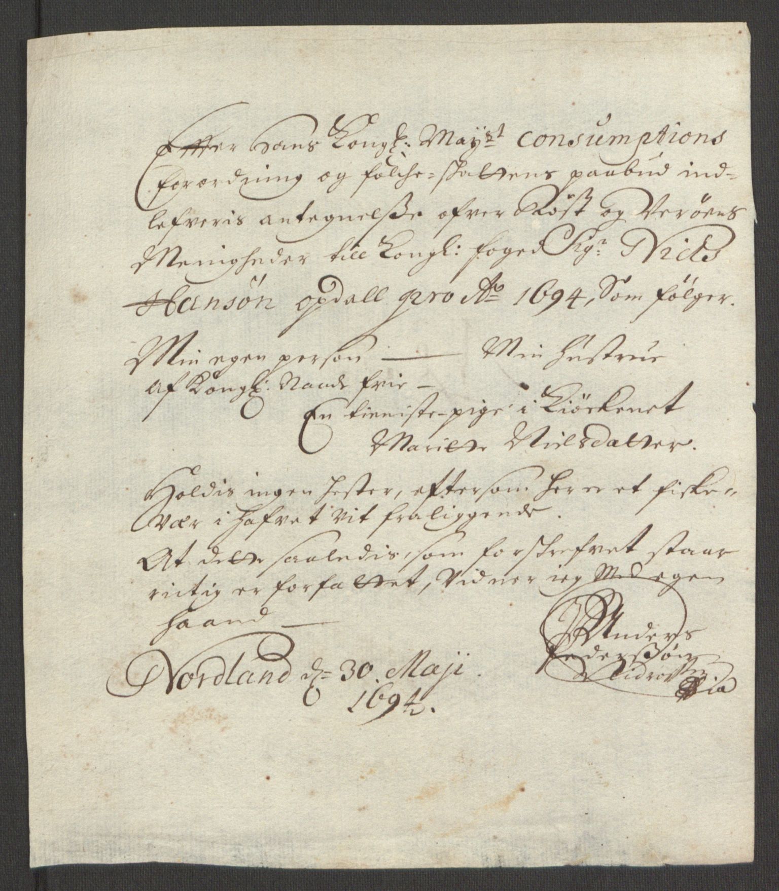 Rentekammeret inntil 1814, Reviderte regnskaper, Fogderegnskap, AV/RA-EA-4092/R67/L4677: Fogderegnskap Vesterålen, Andenes og Lofoten, 1694-1695, p. 96