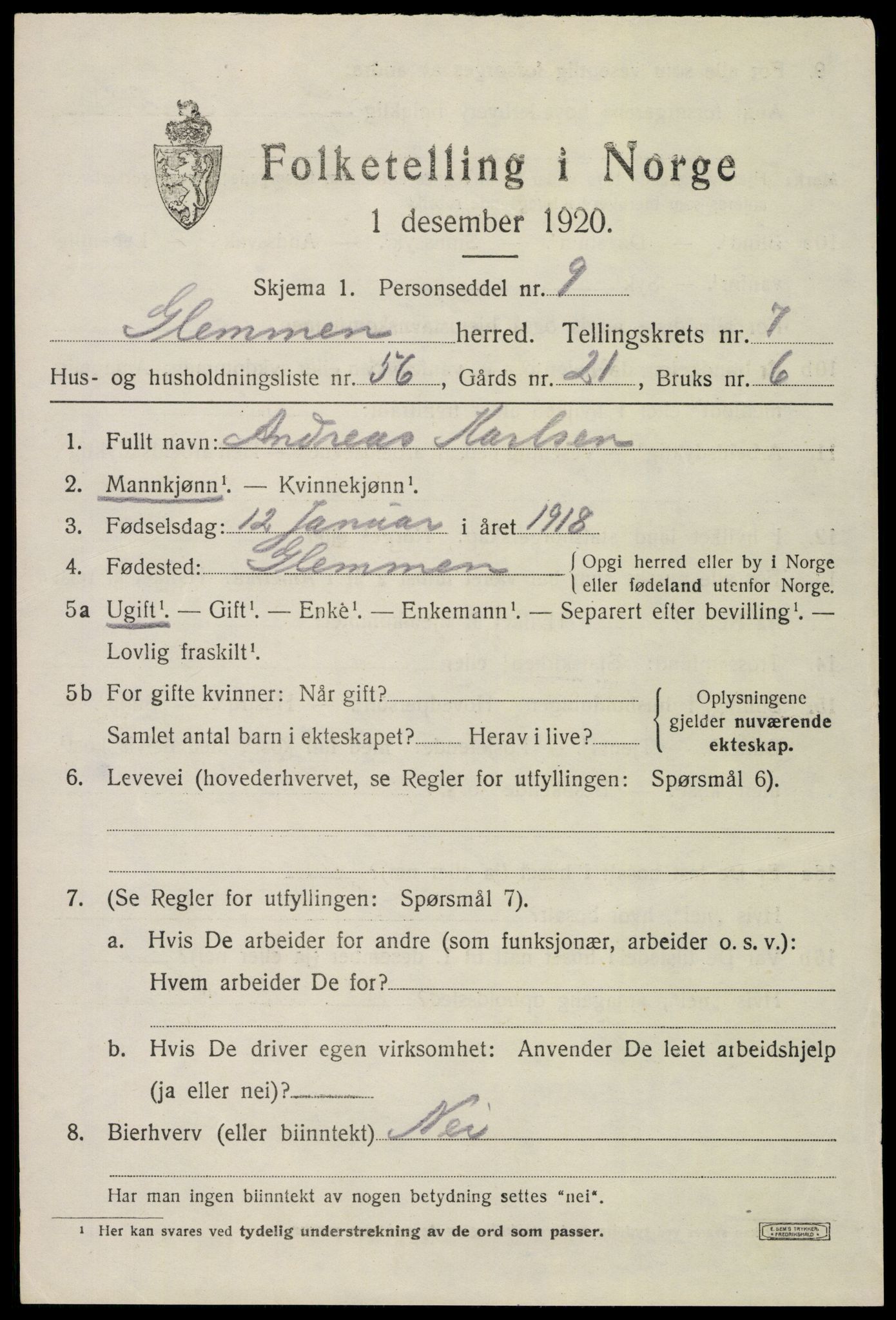 SAO, 1920 census for Glemmen, 1920, p. 24821