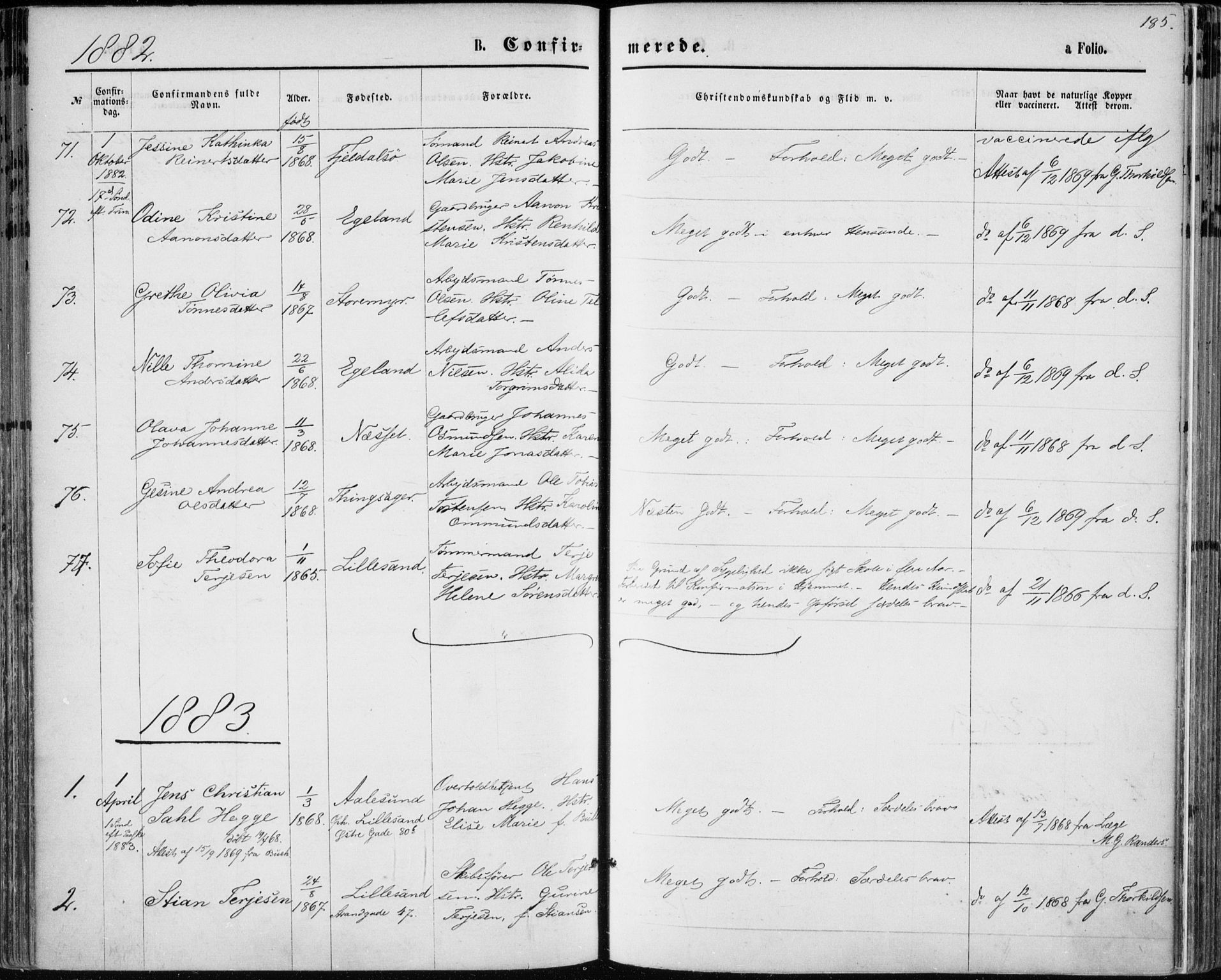 Vestre Moland sokneprestkontor, SAK/1111-0046/F/Fa/Fab/L0008: Parish register (official) no. A 8, 1873-1883, p. 185