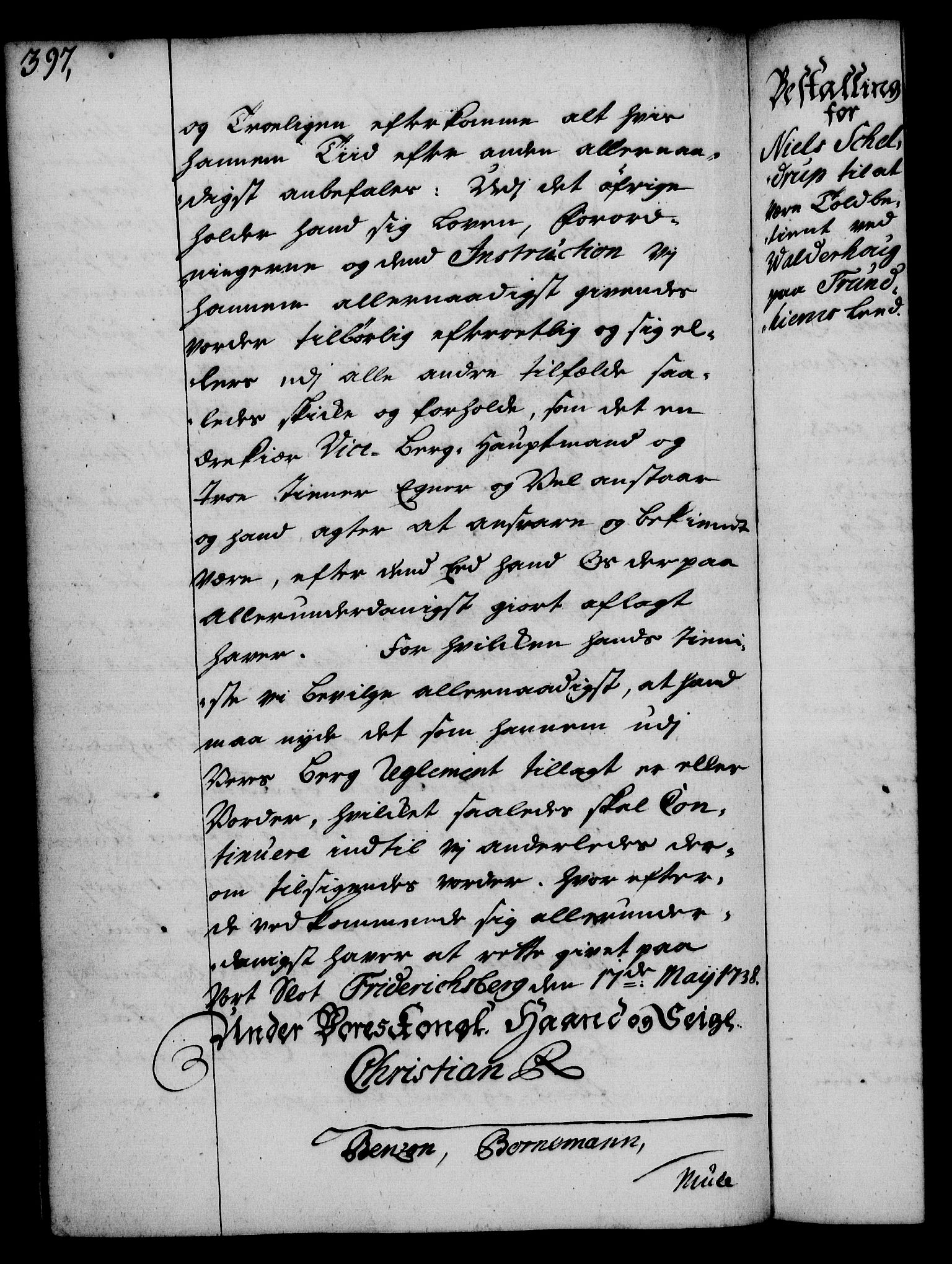 Rentekammeret, Kammerkanselliet, RA/EA-3111/G/Gg/Gge/L0002: Norsk bestallingsprotokoll med register (merket RK 53.26), 1730-1744, p. 397