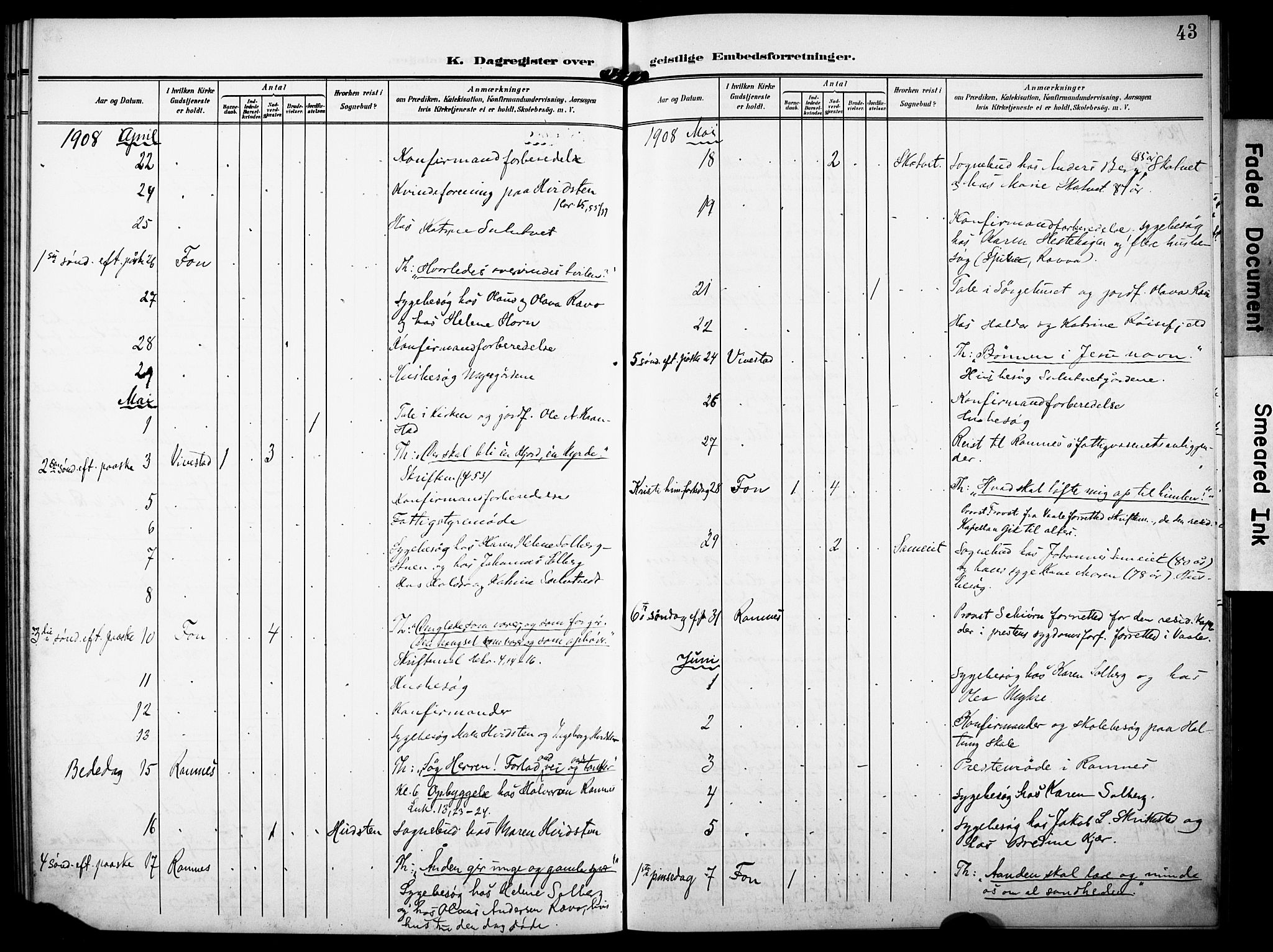 Ramnes kirkebøker, AV/SAKO-A-314/F/Fd/L0004: Curate's parish register no. IV 4, 1907-1919, p. 43