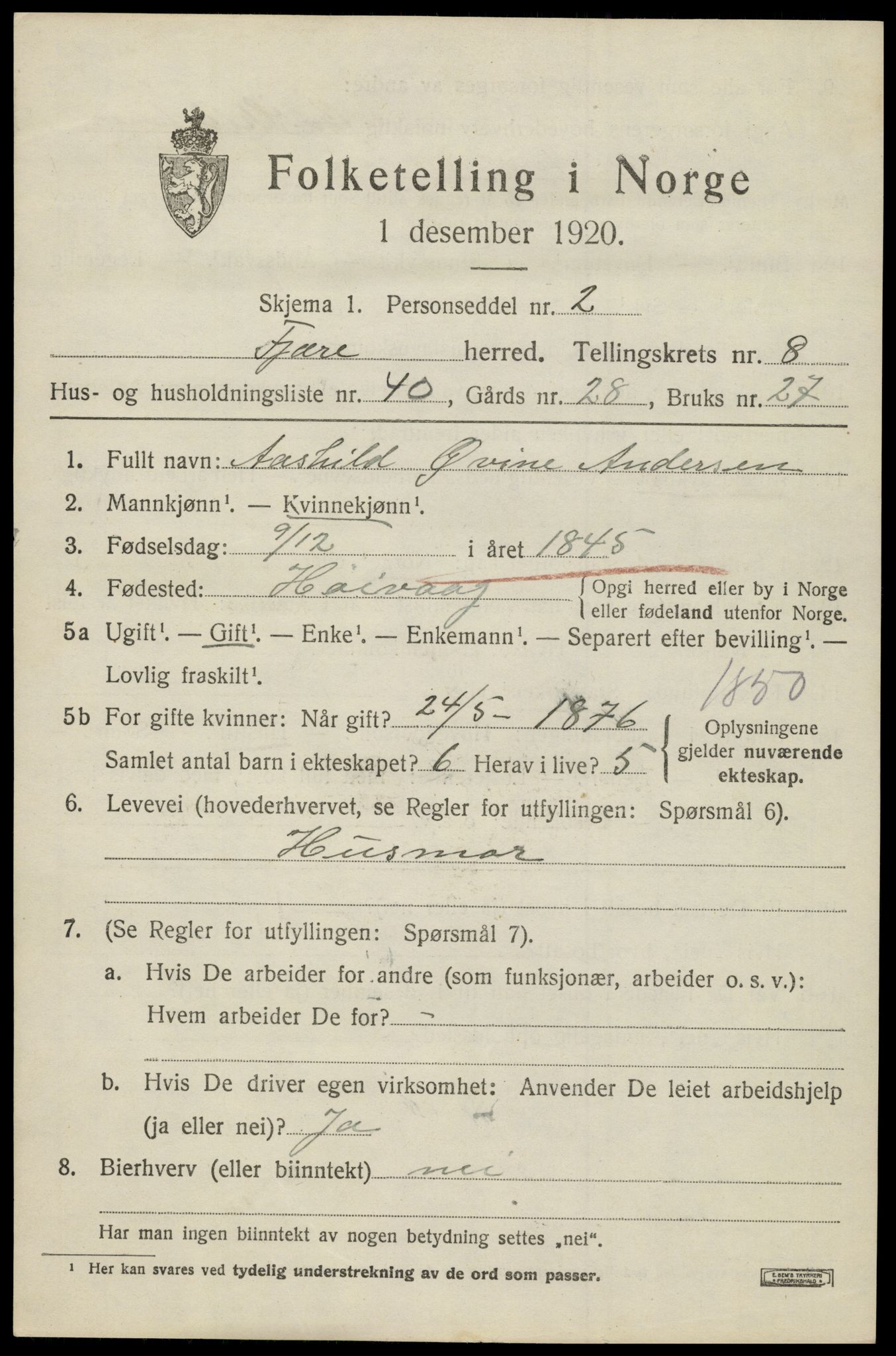 SAK, 1920 census for Fjære, 1920, p. 10779