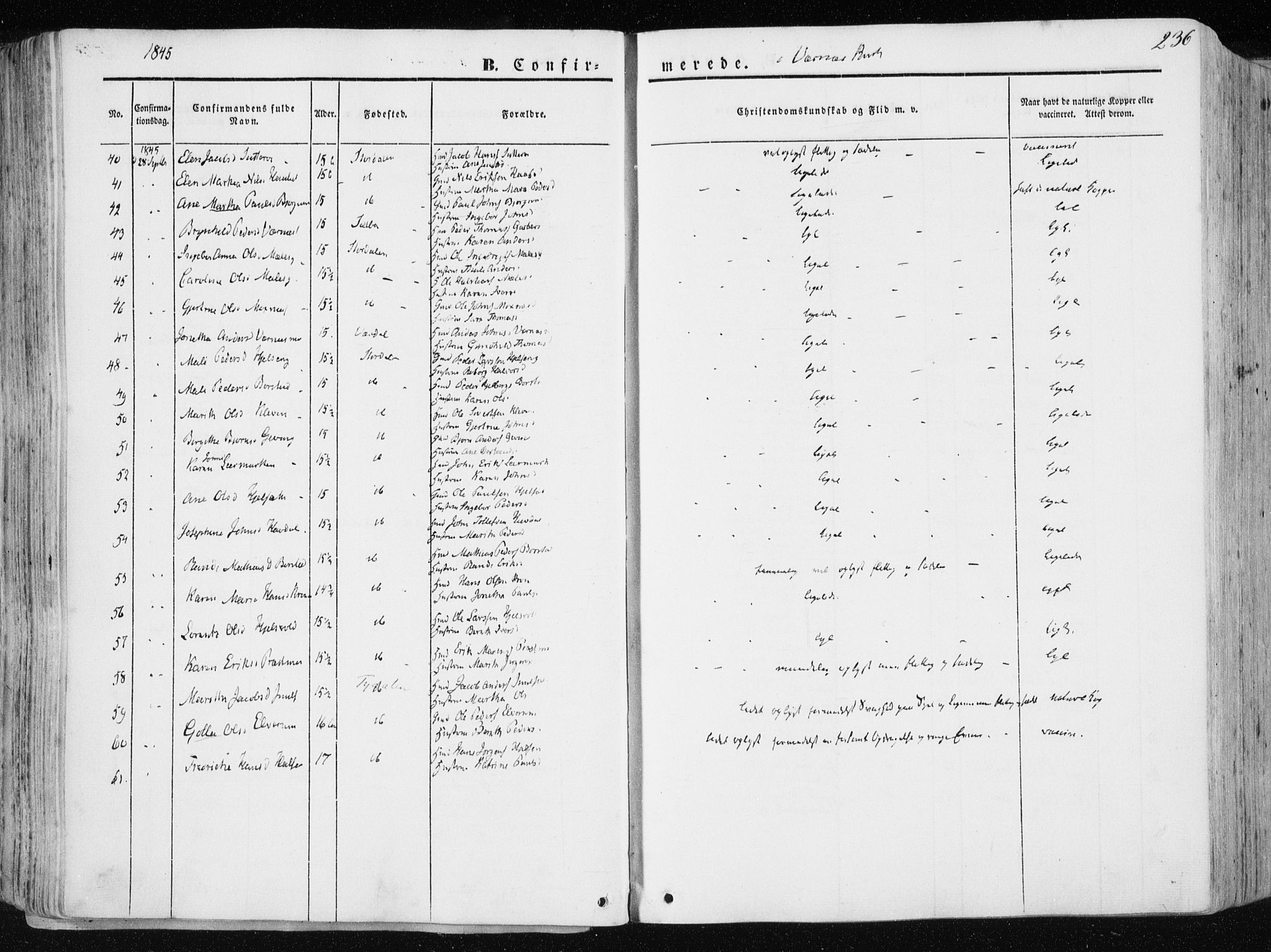 Ministerialprotokoller, klokkerbøker og fødselsregistre - Nord-Trøndelag, AV/SAT-A-1458/709/L0074: Parish register (official) no. 709A14, 1845-1858, p. 236