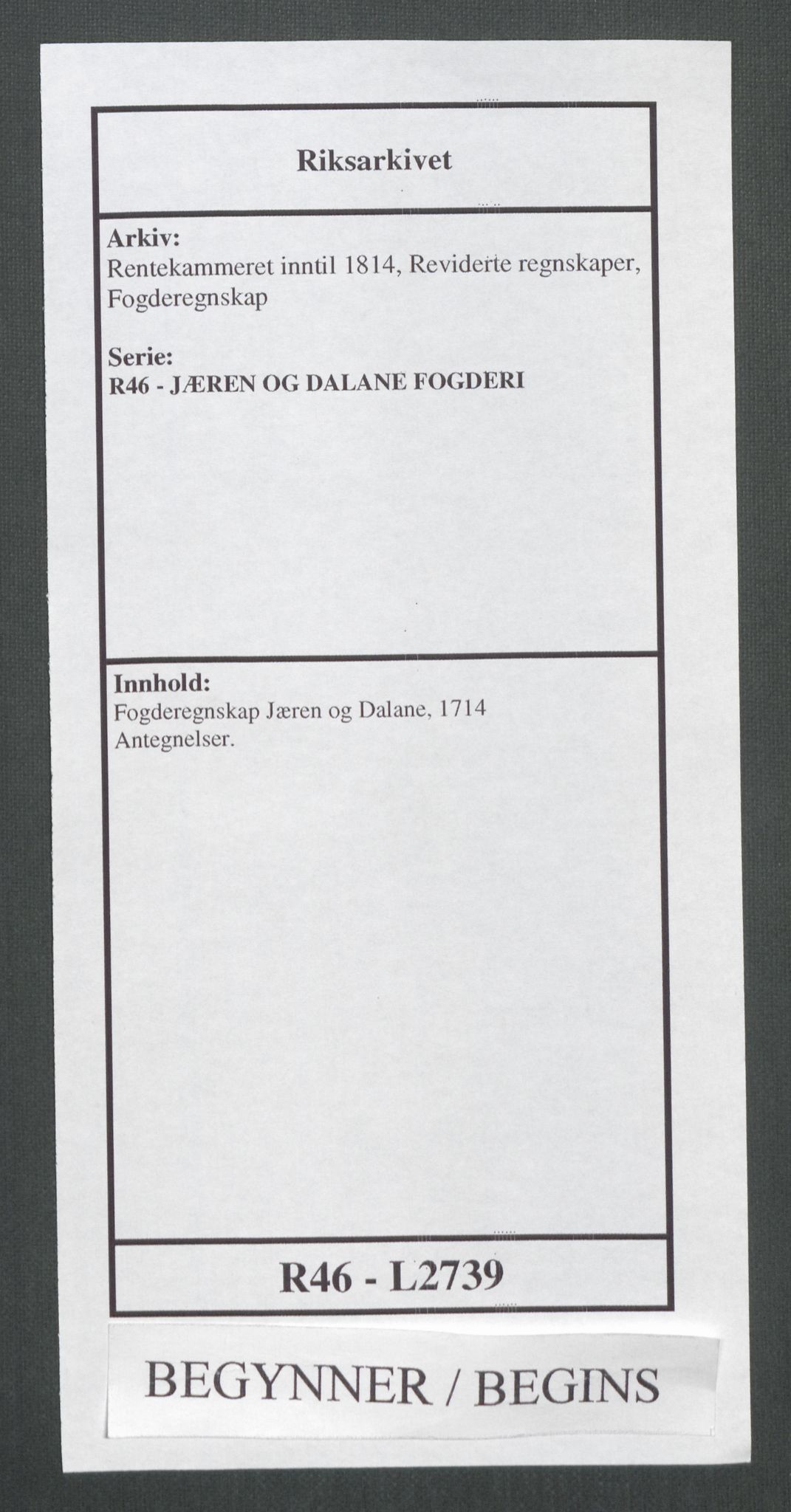 Rentekammeret inntil 1814, Reviderte regnskaper, Fogderegnskap, AV/RA-EA-4092/R46/L2739: Fogderegnskap Jæren og Dalane, 1714, p. 1