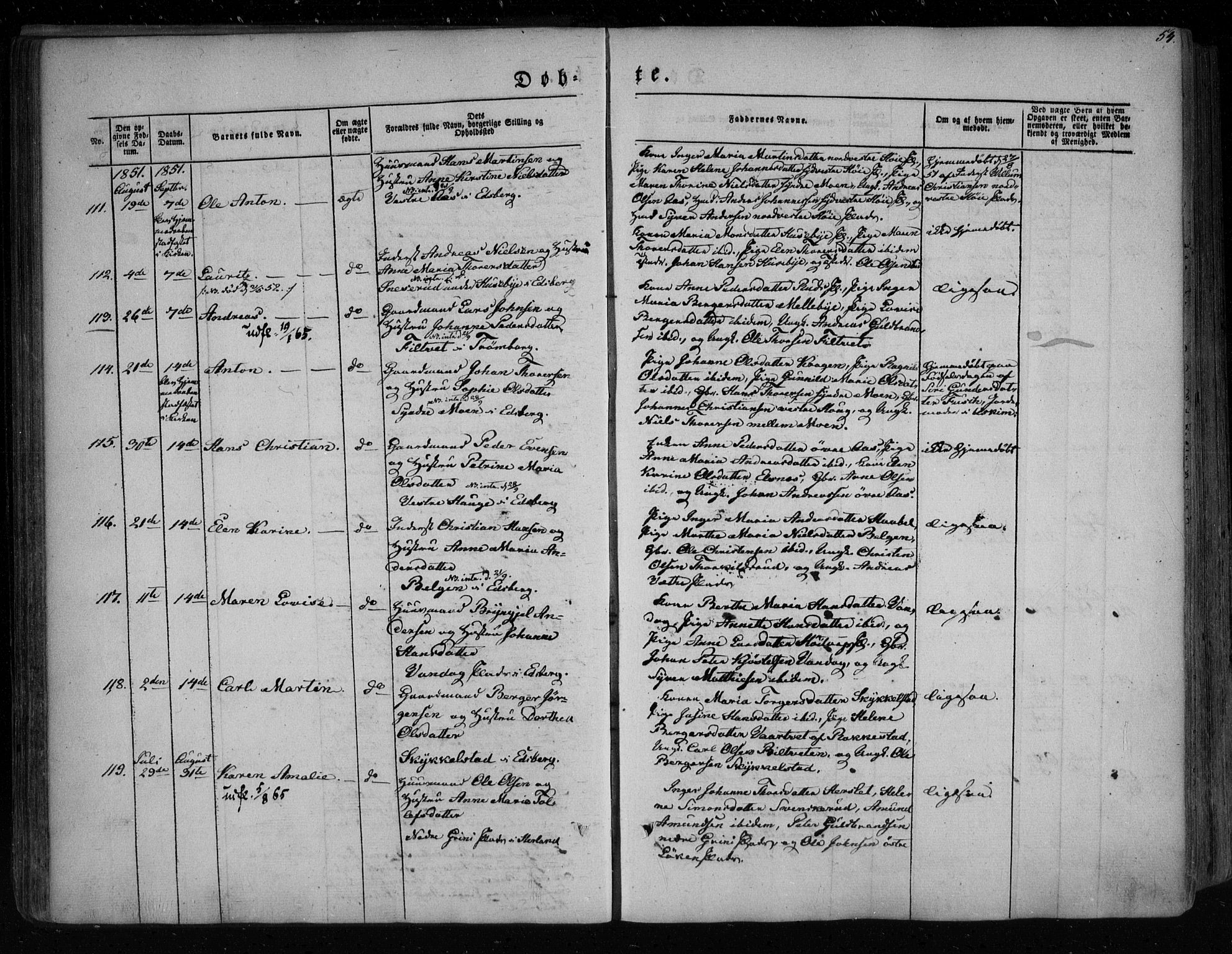 Eidsberg prestekontor Kirkebøker, AV/SAO-A-10905/F/Fa/L0009: Parish register (official) no. I 9, 1849-1856, p. 54