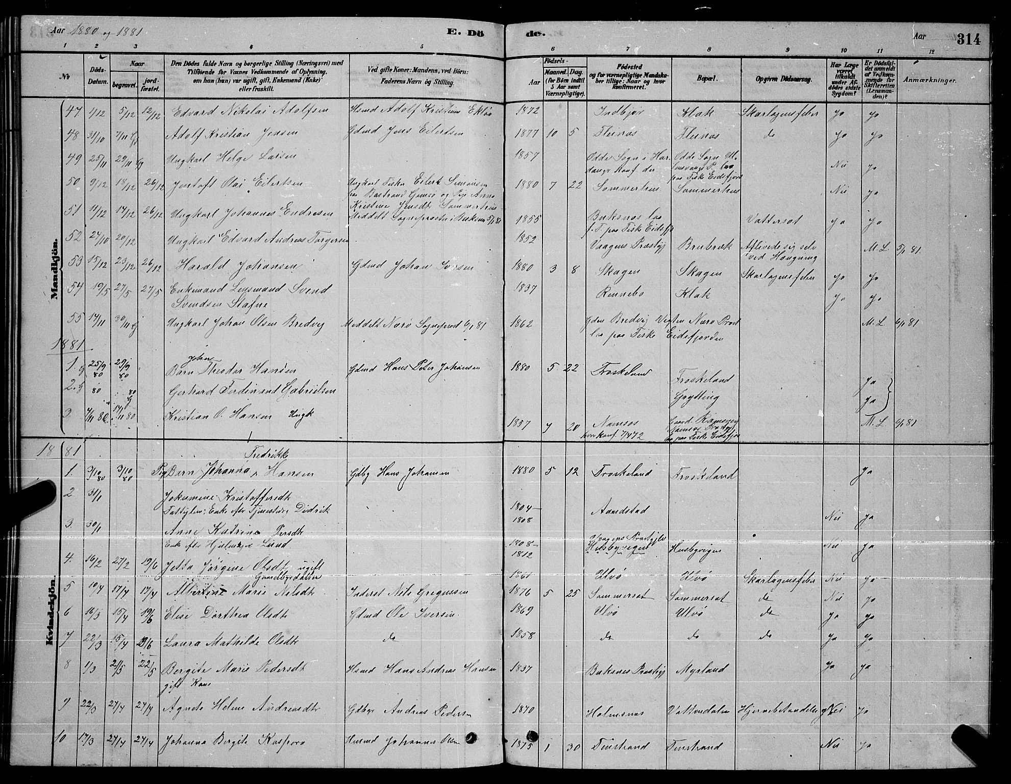 Ministerialprotokoller, klokkerbøker og fødselsregistre - Nordland, SAT/A-1459/888/L1267: Parish register (copy) no. 888C05, 1878-1890, p. 314