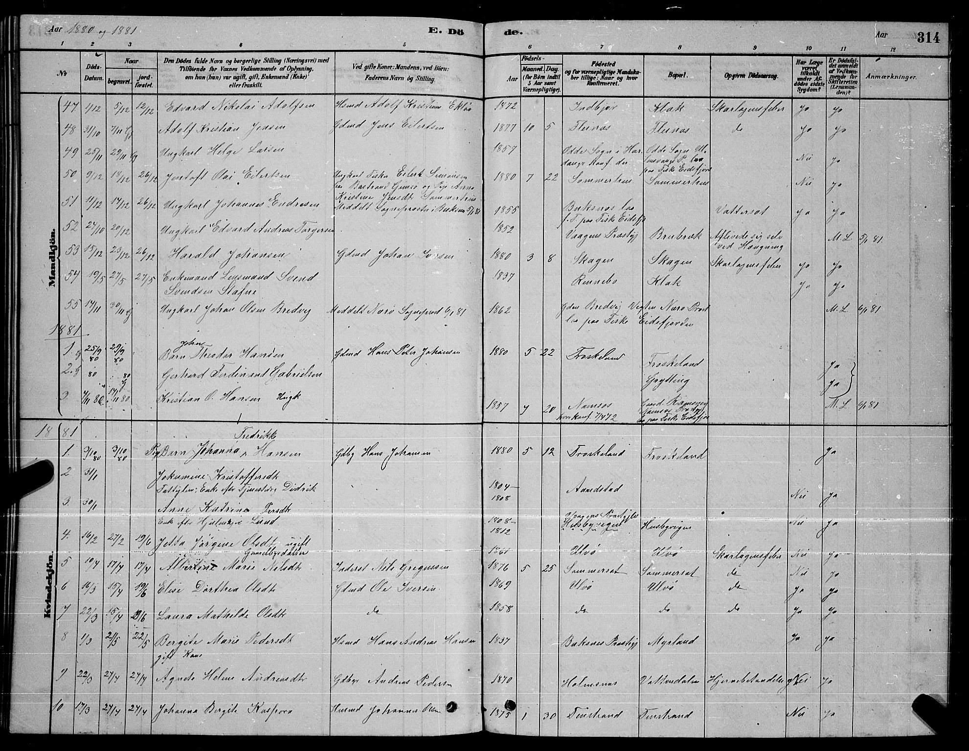 Ministerialprotokoller, klokkerbøker og fødselsregistre - Nordland, AV/SAT-A-1459/888/L1267: Parish register (copy) no. 888C05, 1878-1890, p. 314