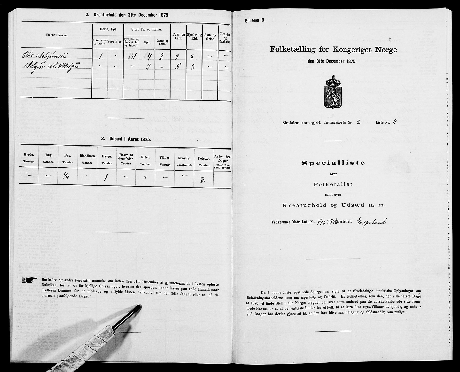 SAK, 1875 census for 1046P Sirdal, 1875, p. 158