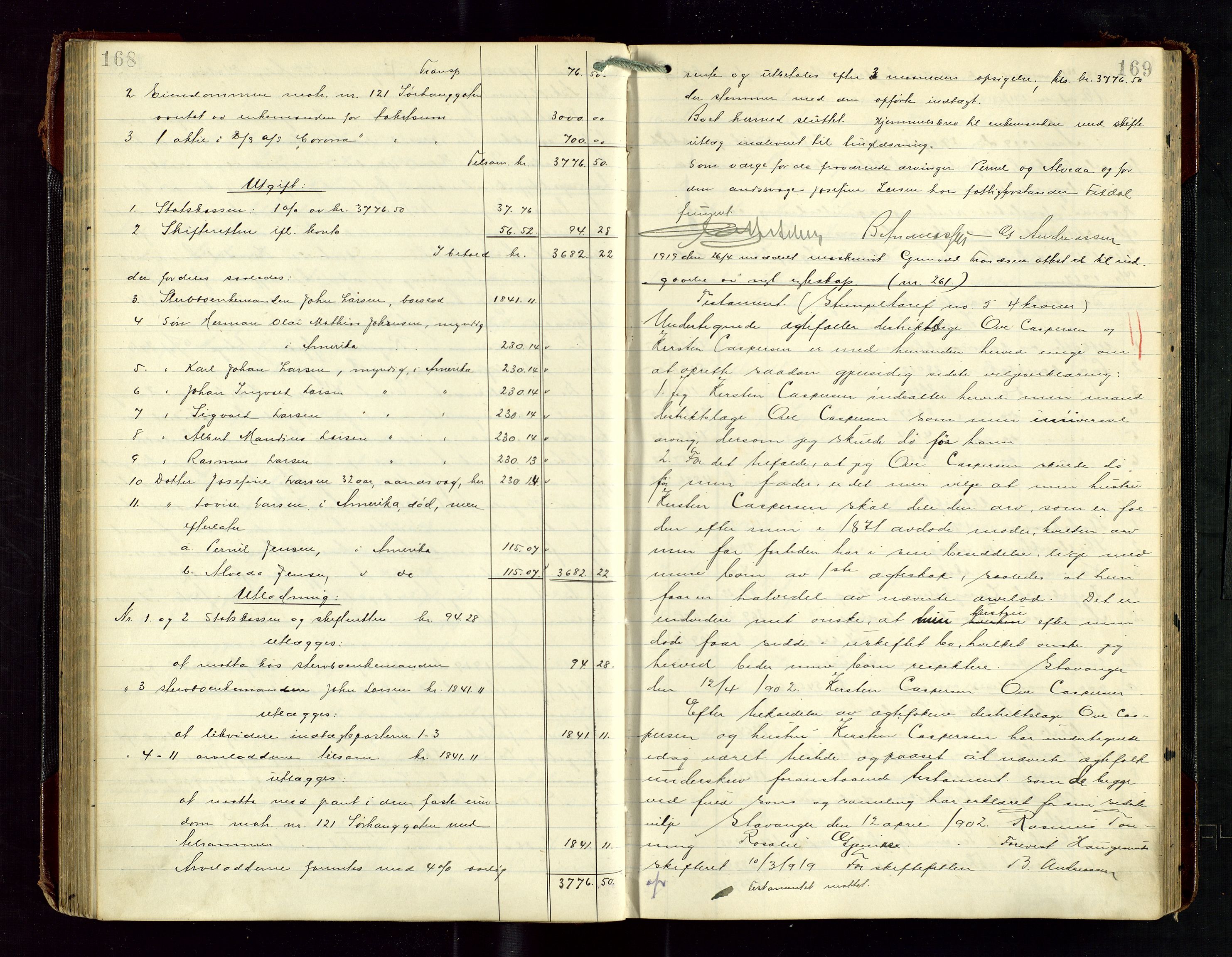 Haugesund tingrett, AV/SAST-A-101415/01/IV/IVD/L0003: Skifteutlodningsprotokoll, med register, 1915-1924, p. 168-169
