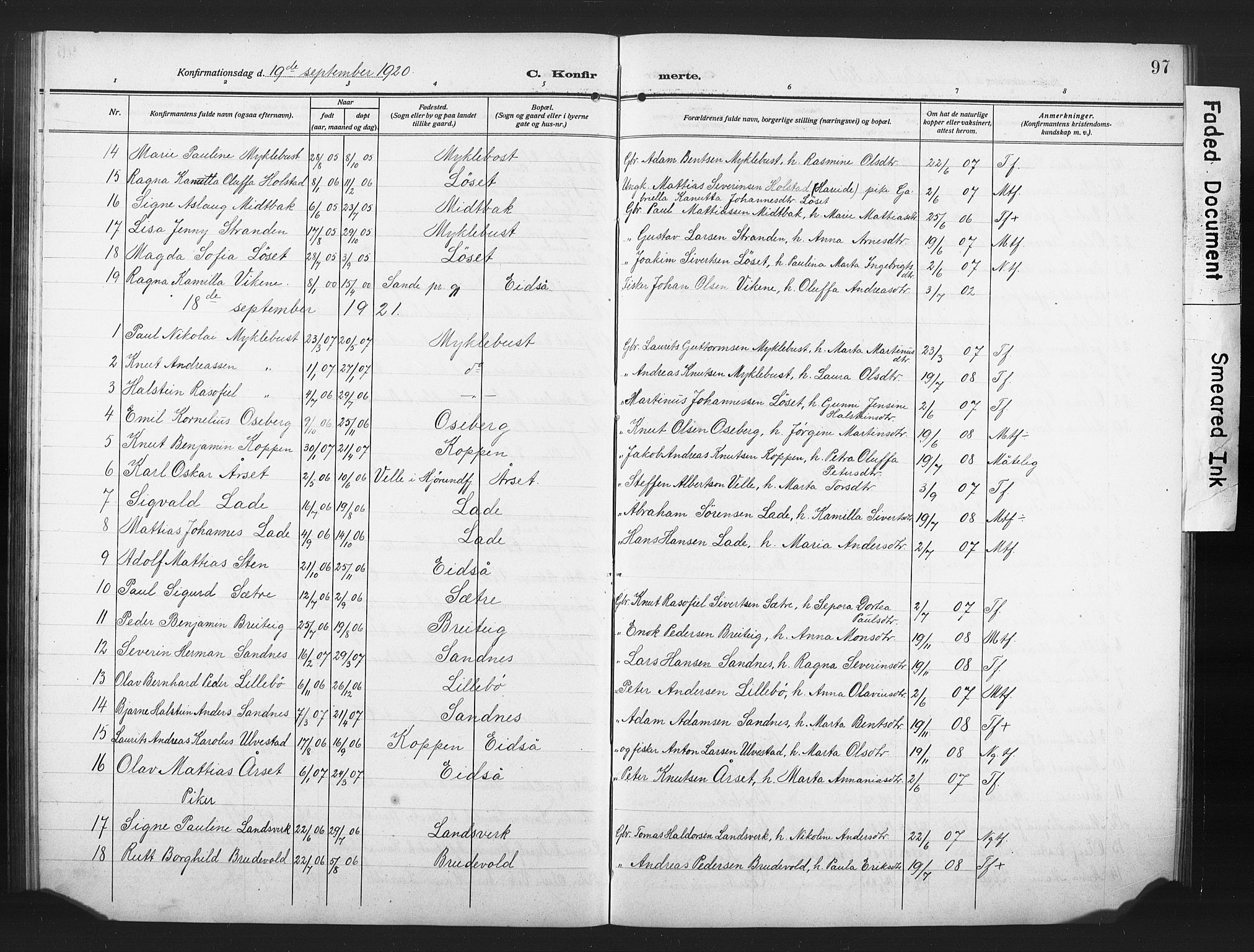 Ministerialprotokoller, klokkerbøker og fødselsregistre - Møre og Romsdal, AV/SAT-A-1454/502/L0028: Parish register (copy) no. 502C02, 1909-1932, p. 97