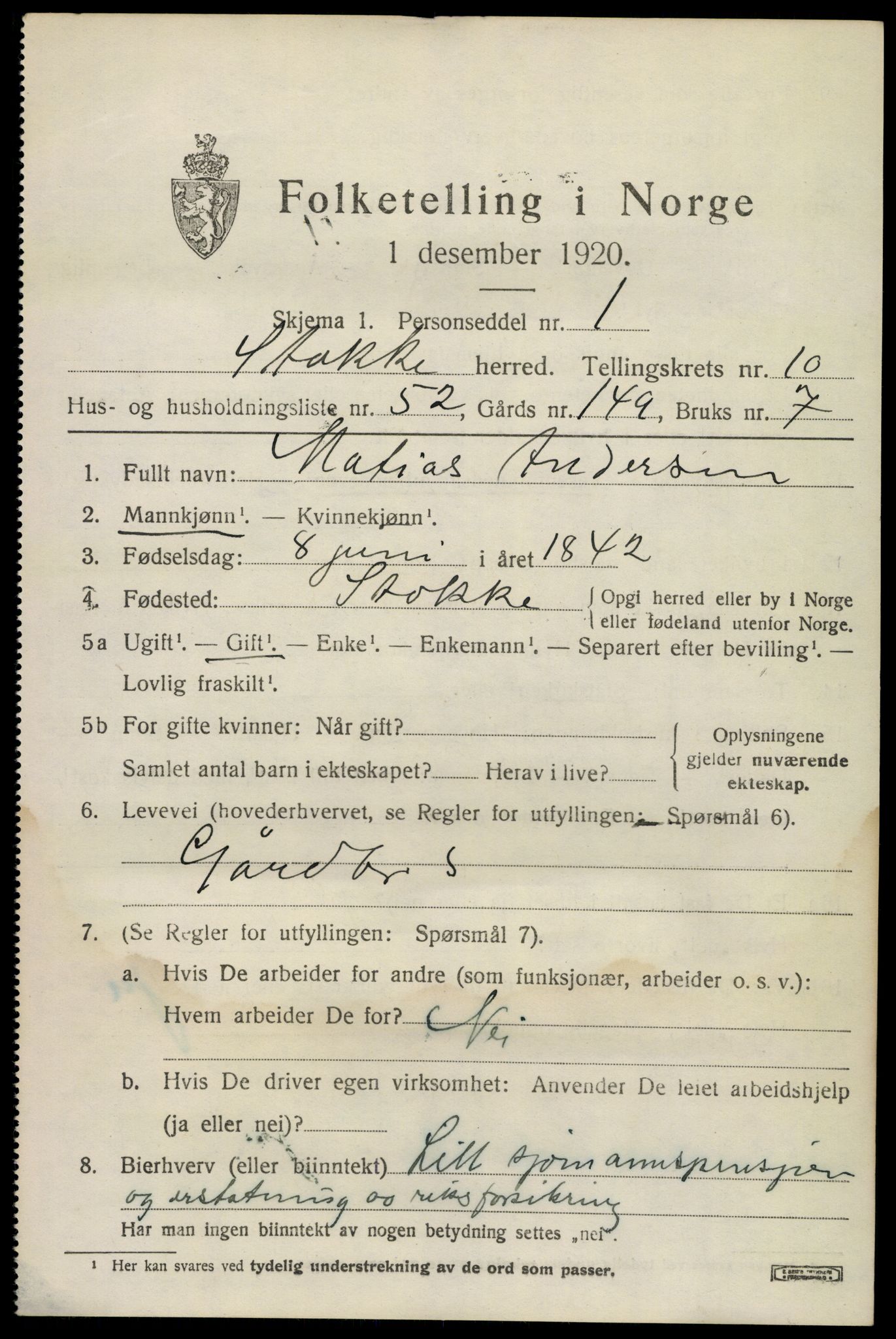 SAKO, 1920 census for Stokke, 1920, p. 11734