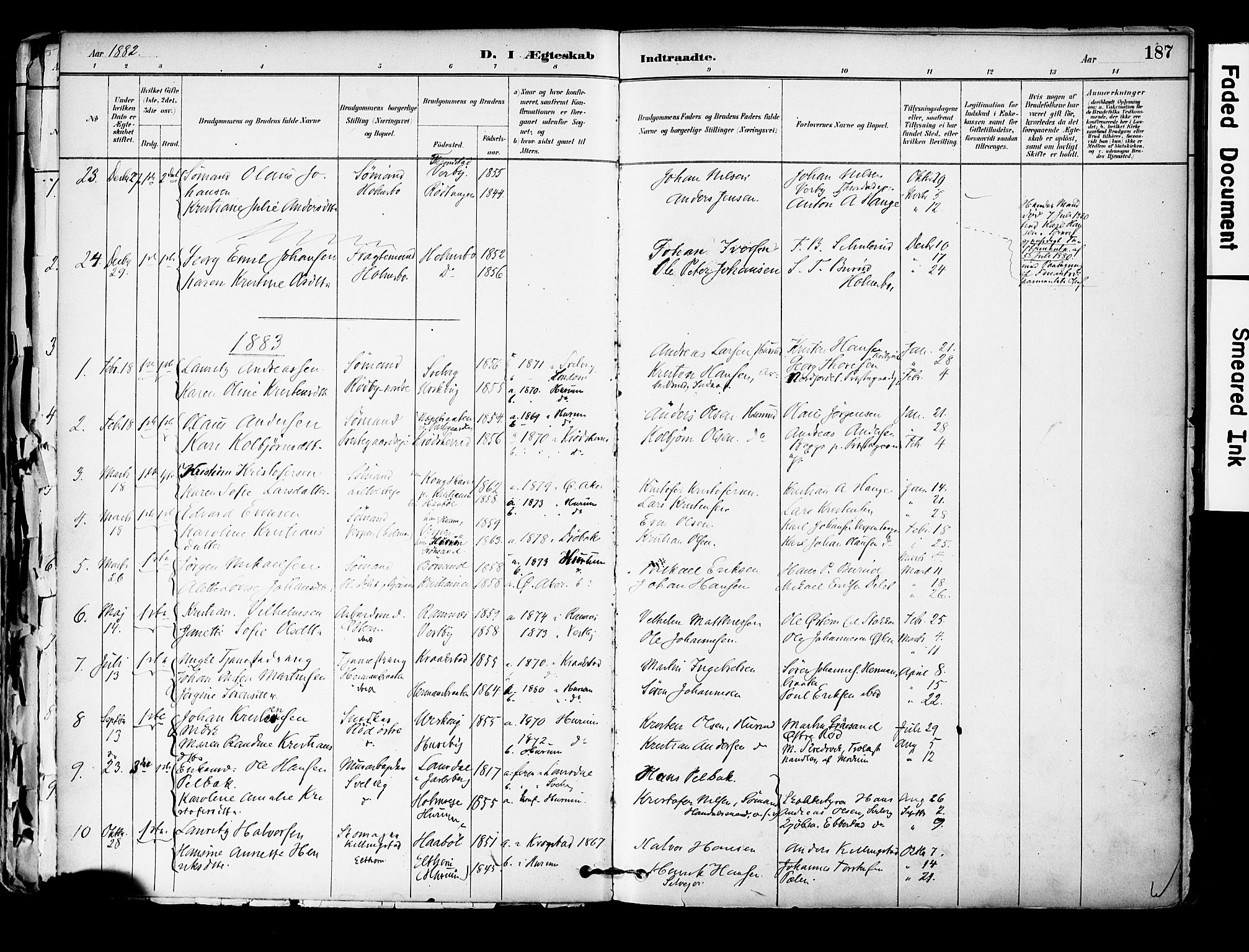 Hurum kirkebøker, SAKO/A-229/F/Fa/L0014: Parish register (official) no. 14, 1882-1895, p. 187