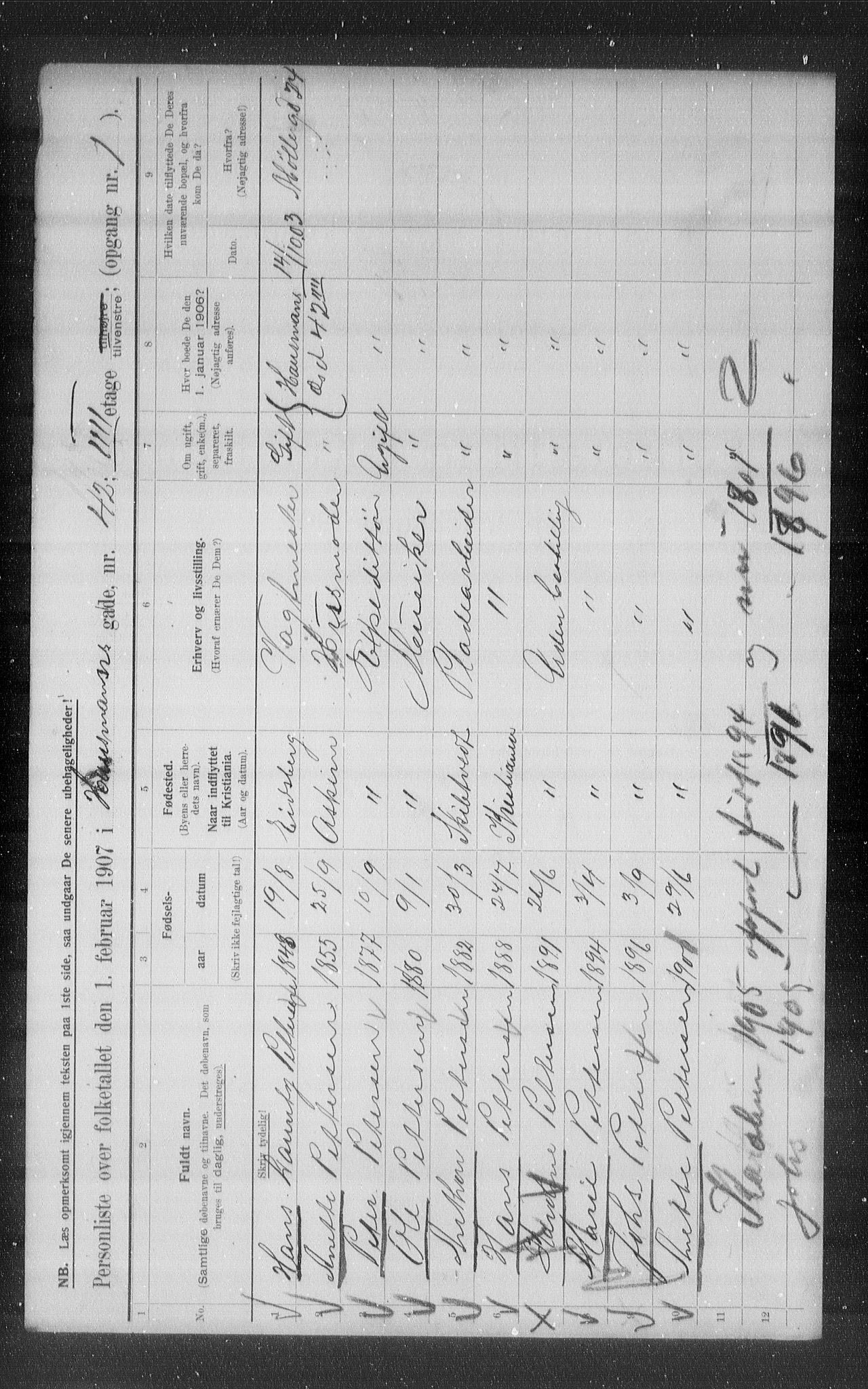 OBA, Municipal Census 1907 for Kristiania, 1907, p. 18371