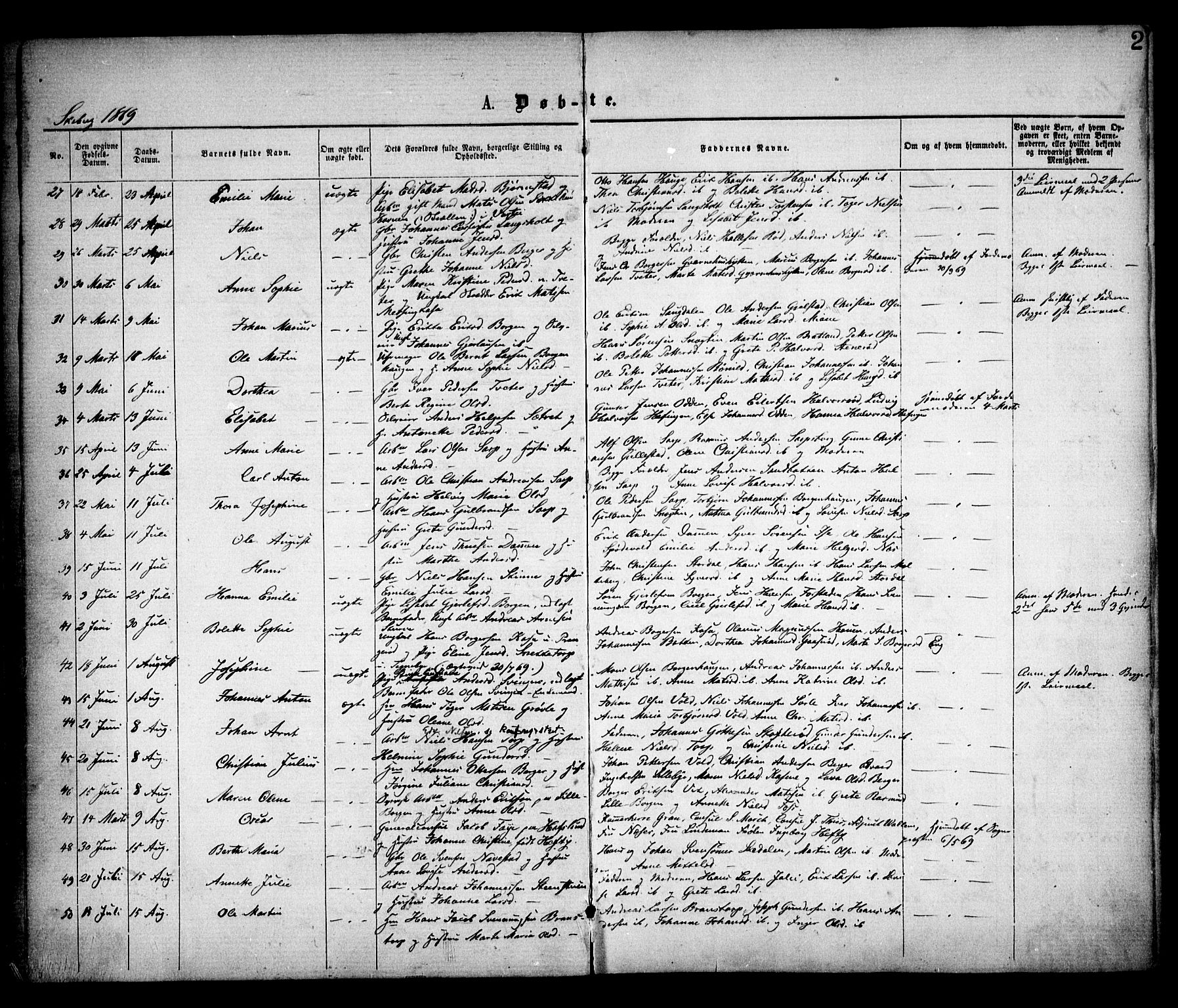 Skjeberg prestekontor Kirkebøker, AV/SAO-A-10923/F/Fa/L0008: Parish register (official) no. I 8, 1869-1885, p. 2