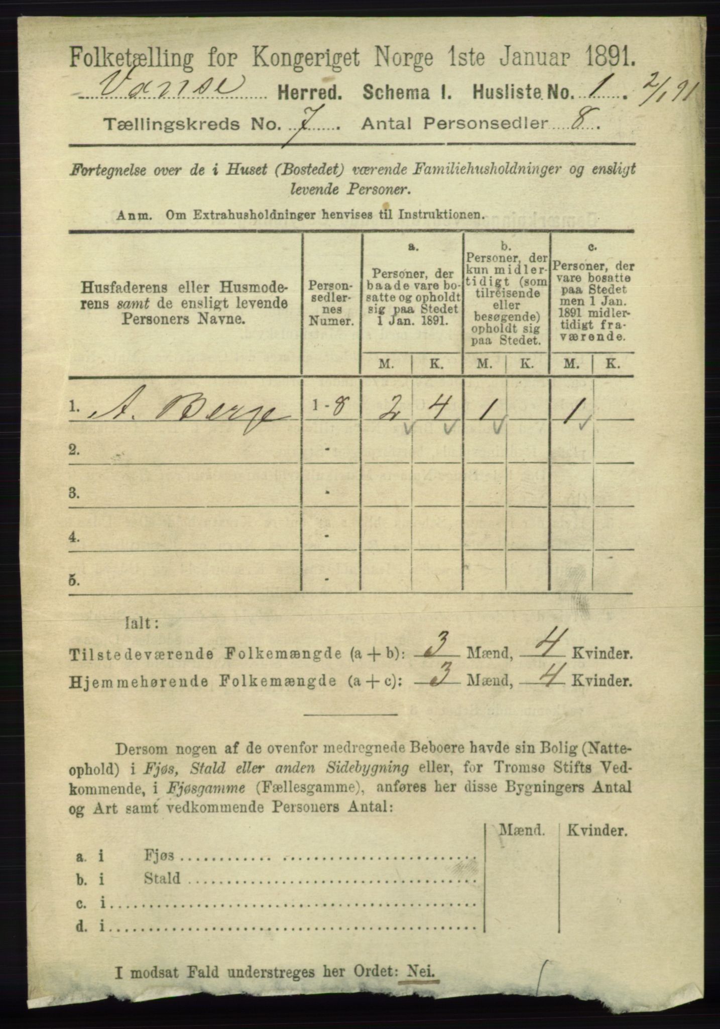 RA, 1891 census for 1041 Vanse, 1891, p. 3937