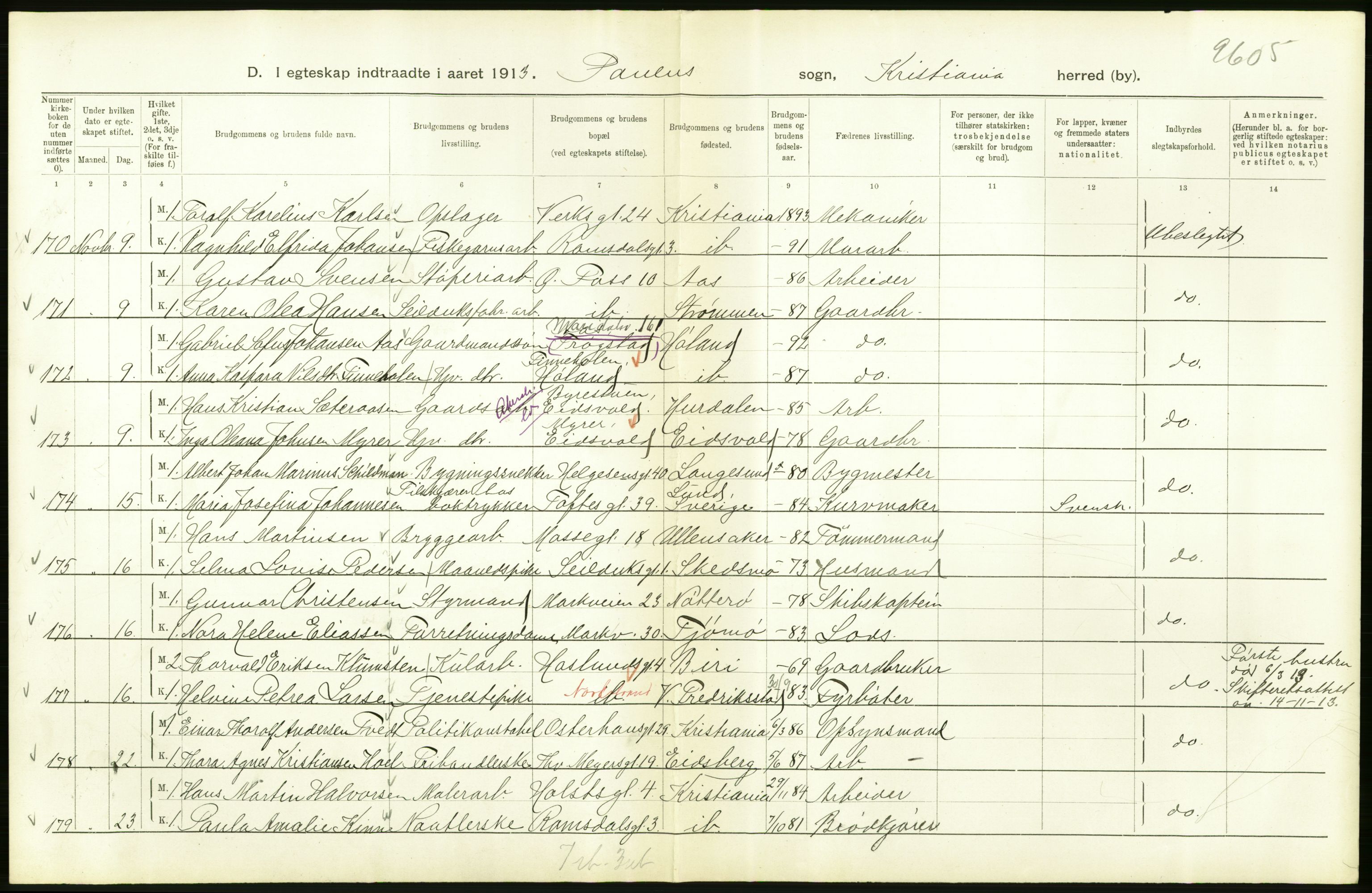 Statistisk sentralbyrå, Sosiodemografiske emner, Befolkning, AV/RA-S-2228/D/Df/Dfb/Dfbc/L0008: Kristiania: Gifte., 1913, p. 292