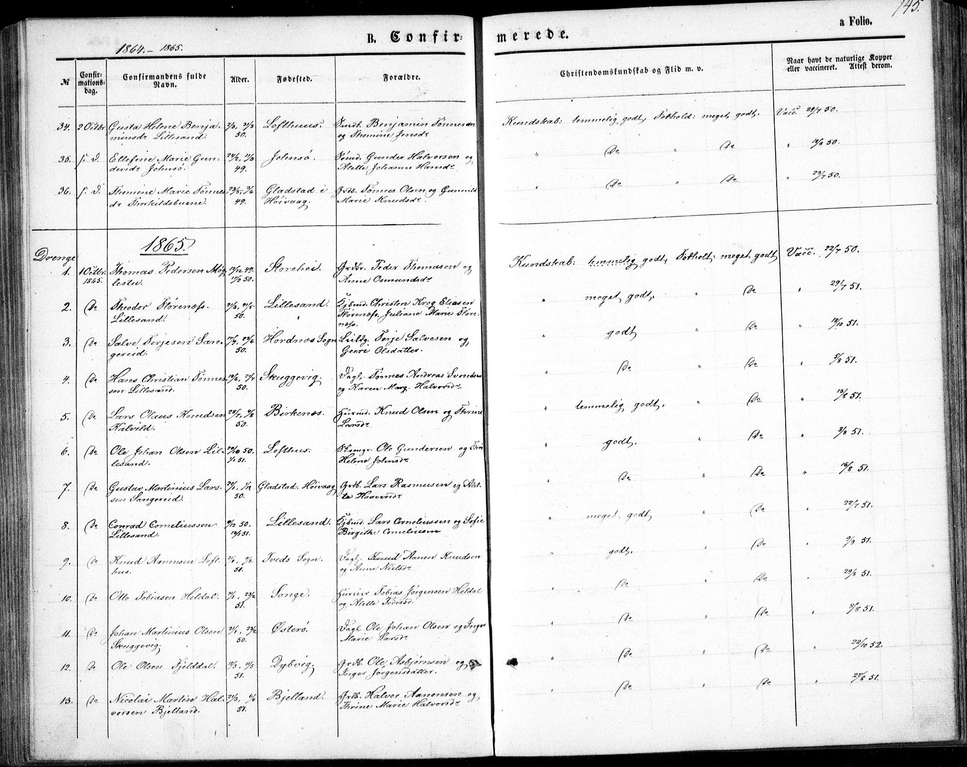 Vestre Moland sokneprestkontor, SAK/1111-0046/F/Fb/Fbb/L0004: Parish register (copy) no. B 4, 1861-1872, p. 145