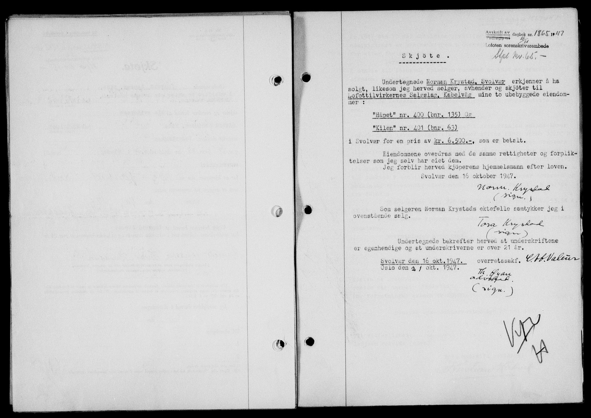 Lofoten sorenskriveri, SAT/A-0017/1/2/2C/L0017a: Mortgage book no. 17a, 1947-1948, Diary no: : 1865/1947