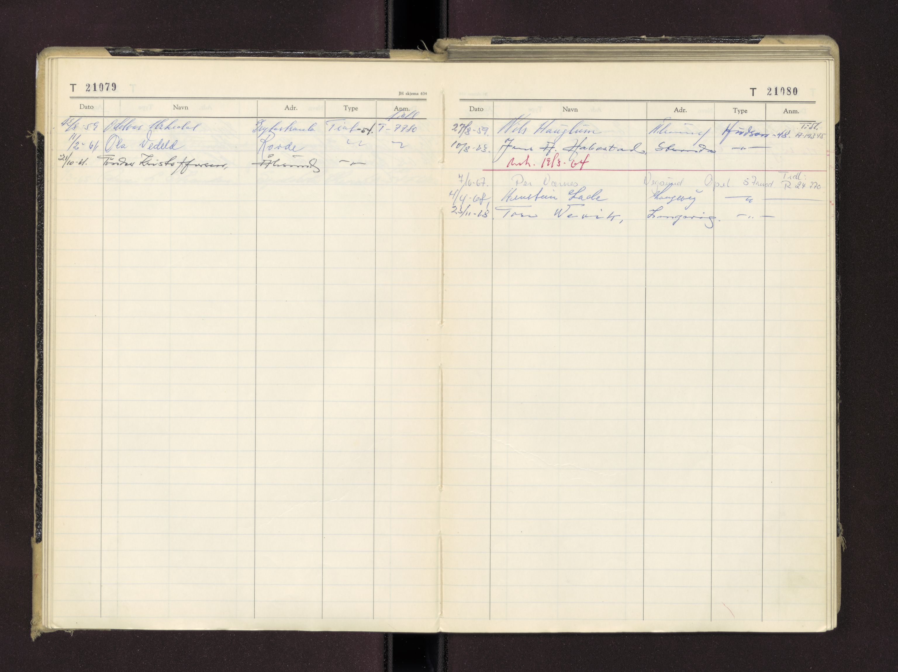 Møre og Romsdal vegkontor - Ålesund trafikkstasjon, AV/SAT-A-4099/F/Fc/L0016: Bilregister; T 21000 - T 21499, 1955-1970
