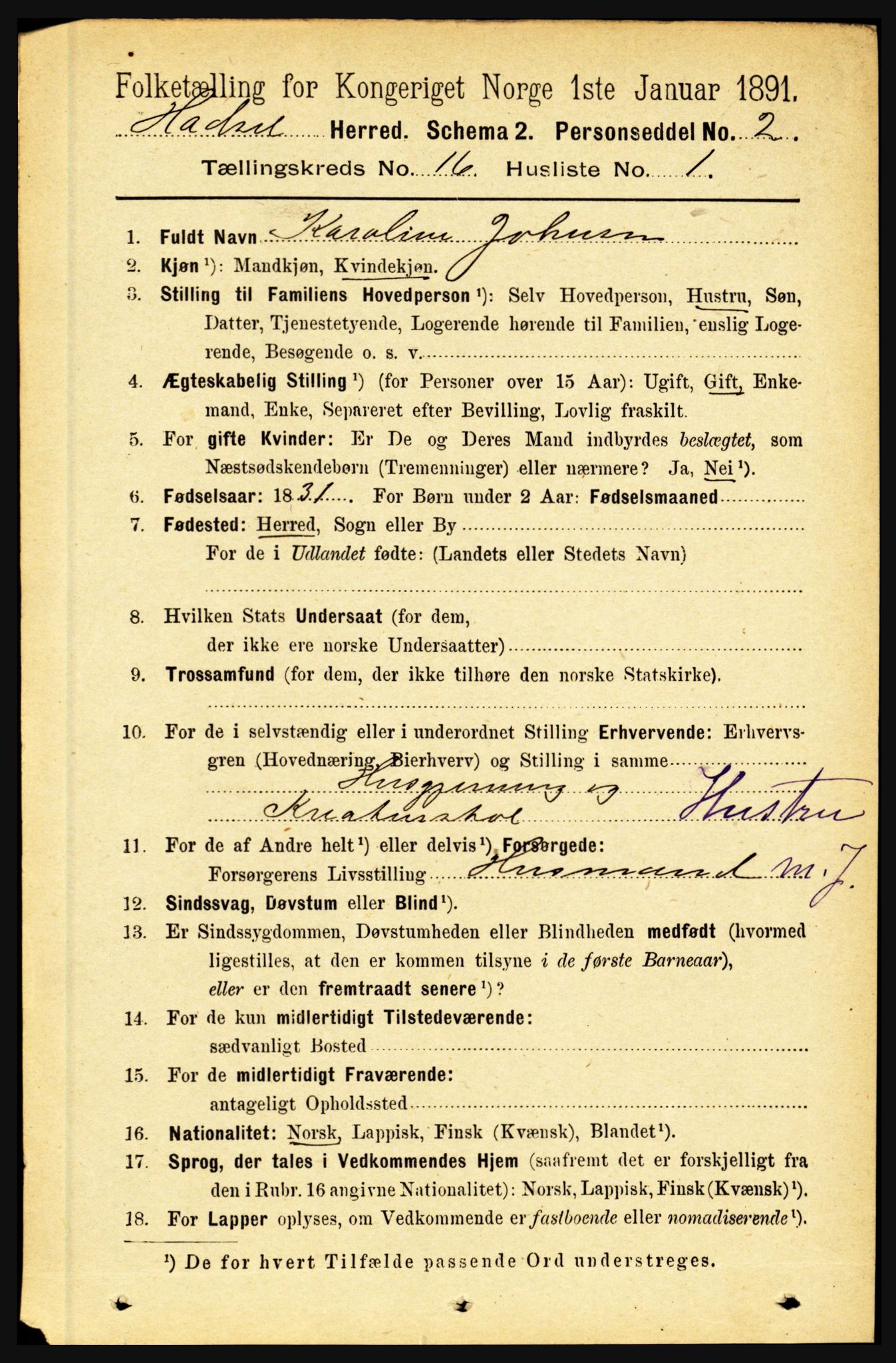 RA, 1891 census for 1866 Hadsel, 1891, p. 7273