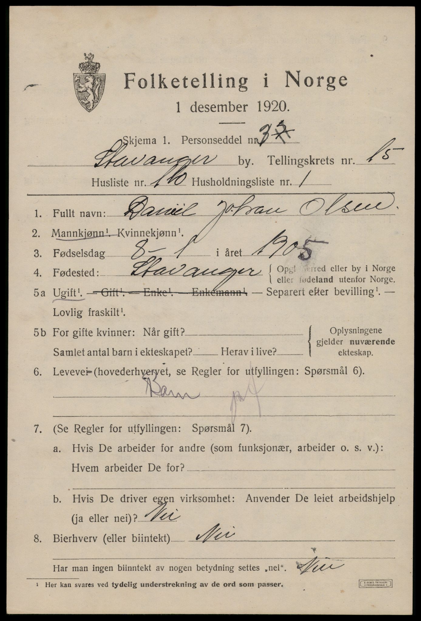 SAST, 1920 census for Stavanger, 1920, p. 63166