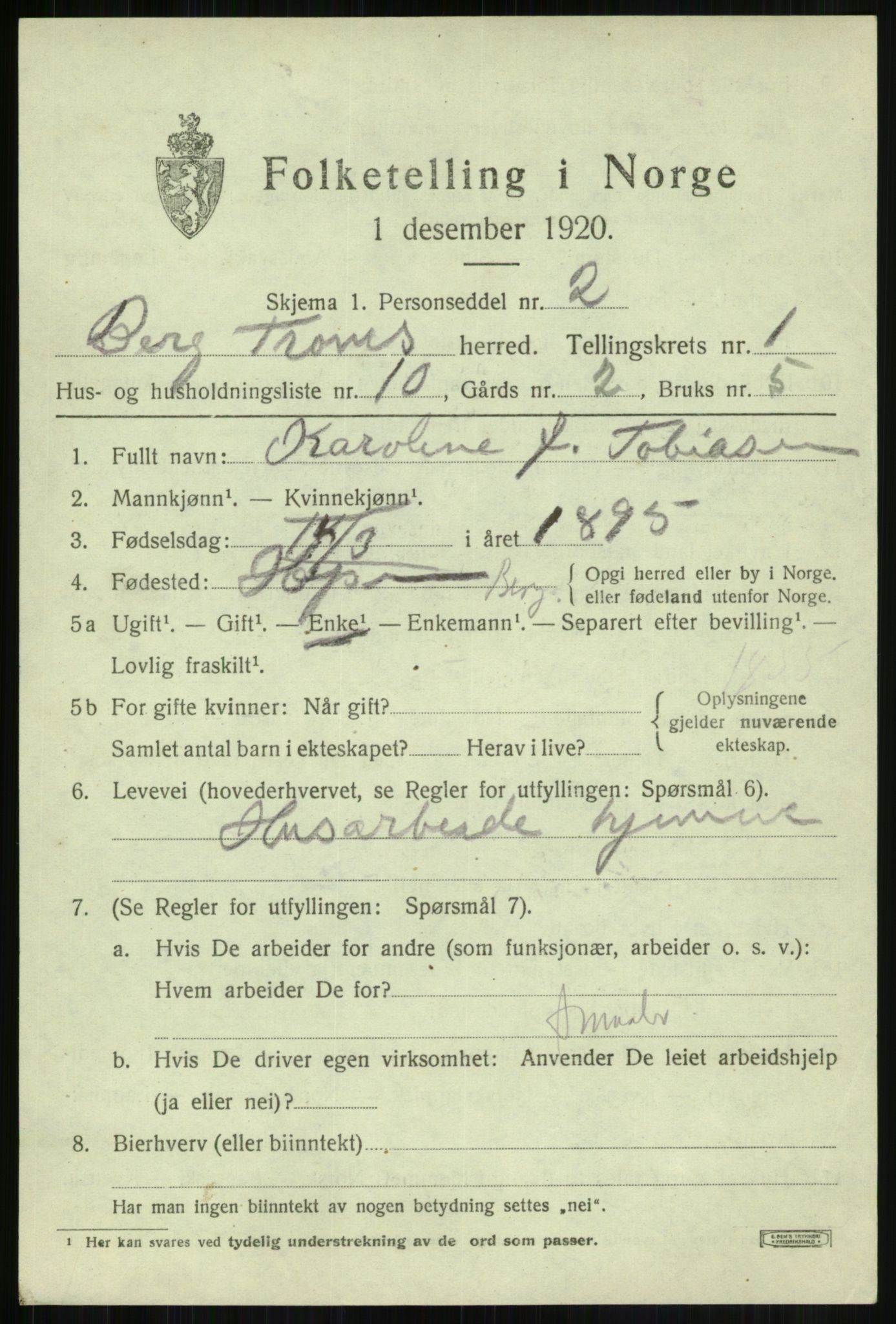 SATØ, 1920 census for Berg, 1920, p. 592