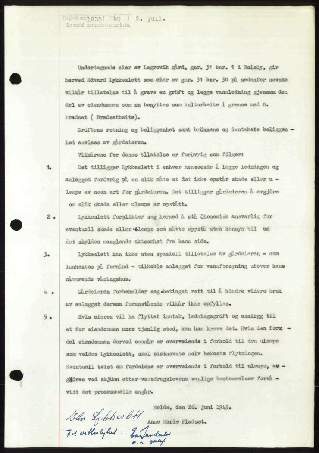 Romsdal sorenskriveri, AV/SAT-A-4149/1/2/2C: Mortgage book no. A30, 1949-1949, Diary no: : 1835/1949