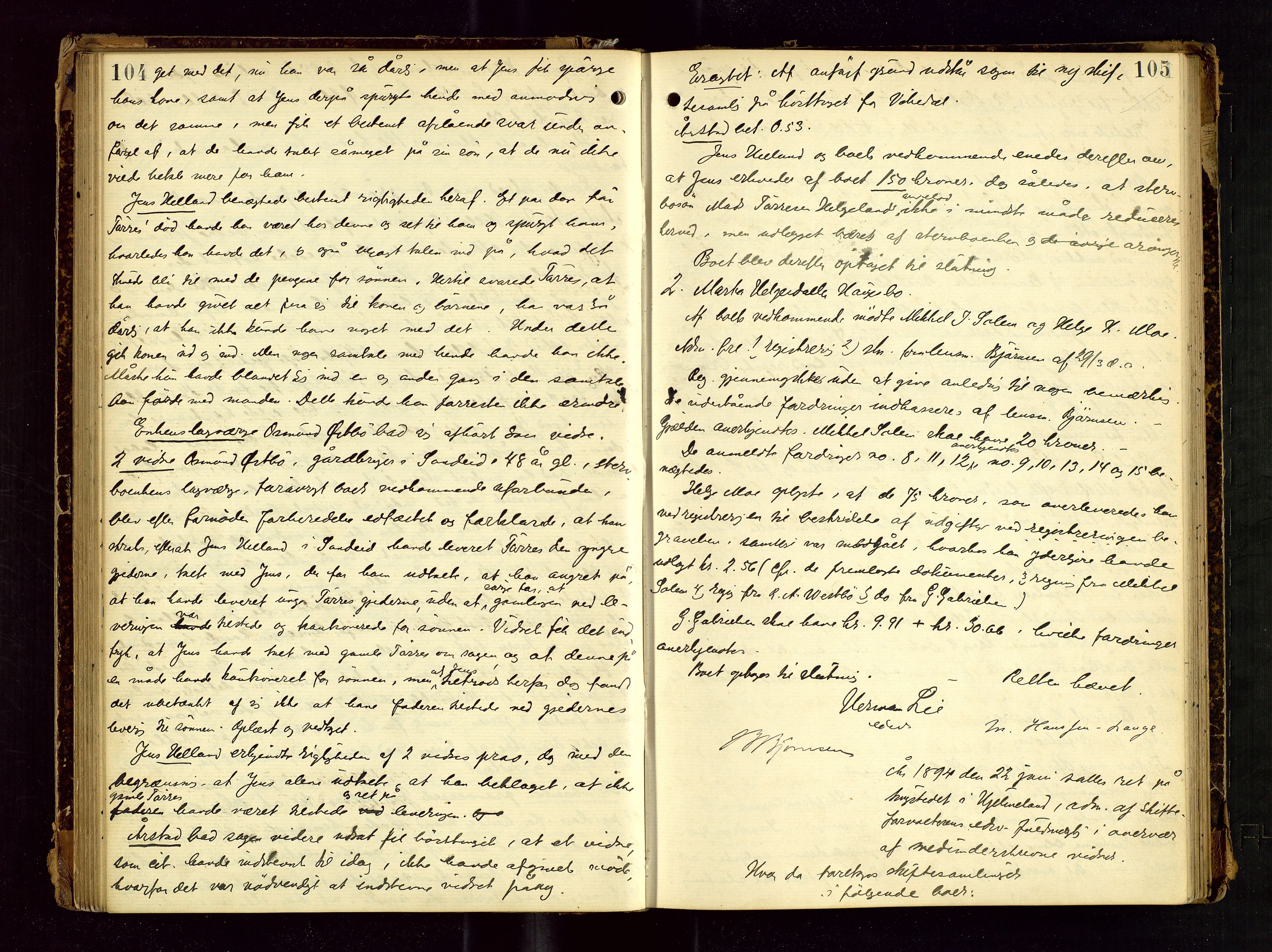 Ryfylke tingrett, AV/SAST-A-100055/001/IV/IVF/L0006: Skifteforhandlingsprotokoll A 6, 1892-1897, p. 104-105