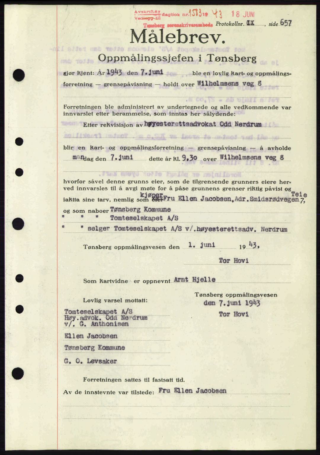 Tønsberg sorenskriveri, AV/SAKO-A-130/G/Ga/Gaa/L0013: Mortgage book no. A13, 1943-1943, Diary no: : 1583/1943