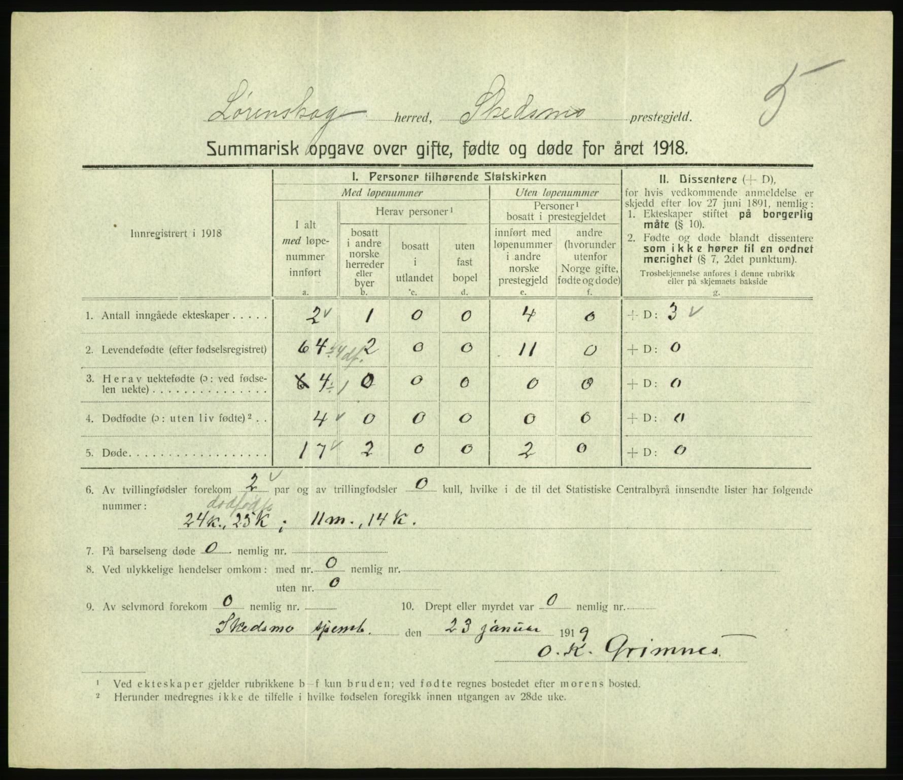 Statistisk sentralbyrå, Sosiodemografiske emner, Befolkning, RA/S-2228/D/Df/Dfb/Dfbh/L0059: Summariske oppgaver over gifte, fødte og døde for hele landet., 1918, p. 211